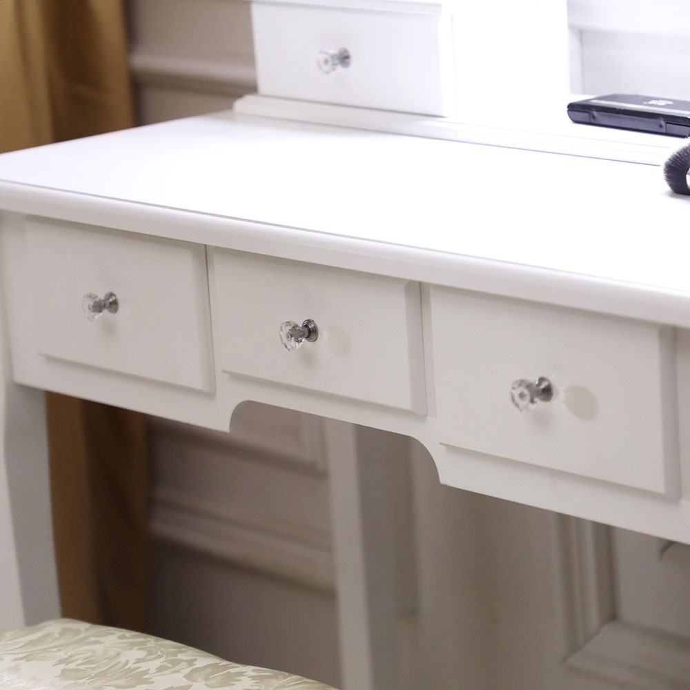 HAOYYE Modern White Vanity Desk with Light Bulb Mirror and 5 Storage Drawers, Sleek Makeup Dressing Table with Single Mirror for Bedroom, Closet, or Apartment Organization