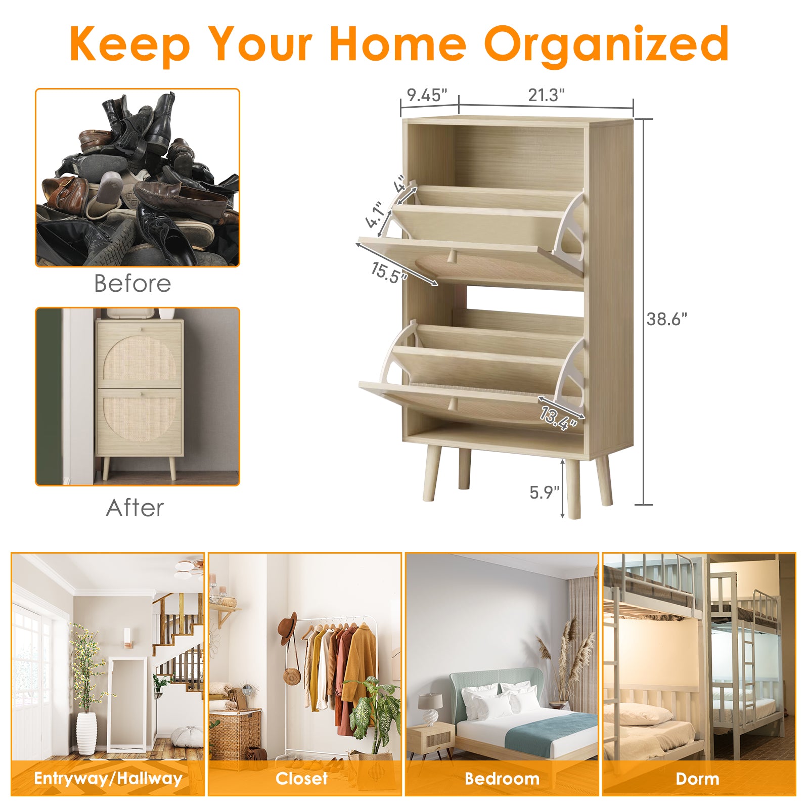 HAOYYE 2 Drawers Rattan Shoe Cabinet Shoe Rack Storage Organizer Unit for Entryway Bedroom Living Room Durable and Stylish Shoe Storage Solution with Easy Access and Space Saving Design