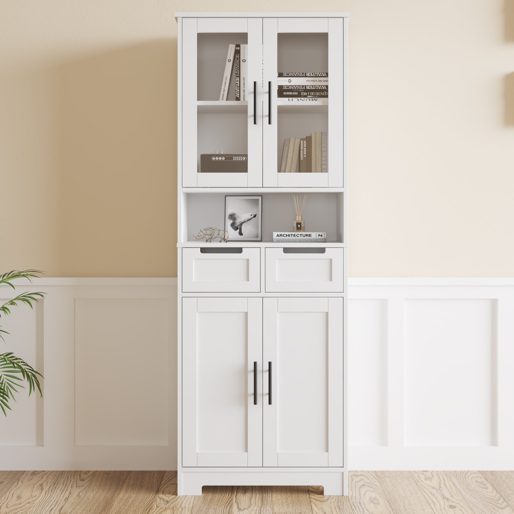 HAOYYE MDF Spray Paint 4 Doors 1 Drawer Bathroom Cabinet White Storage Organizer Tall Cabinet for Bathroom Living Room Entryway Bedroom