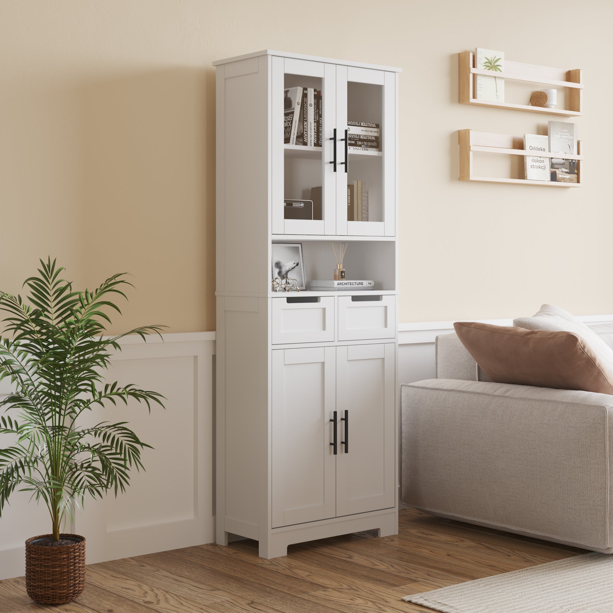 HAOYYE MDF Spray Paint 4 Doors 1 Drawer Bathroom Cabinet White Storage Organizer Tall Cabinet for Bathroom Living Room Entryway Bedroom