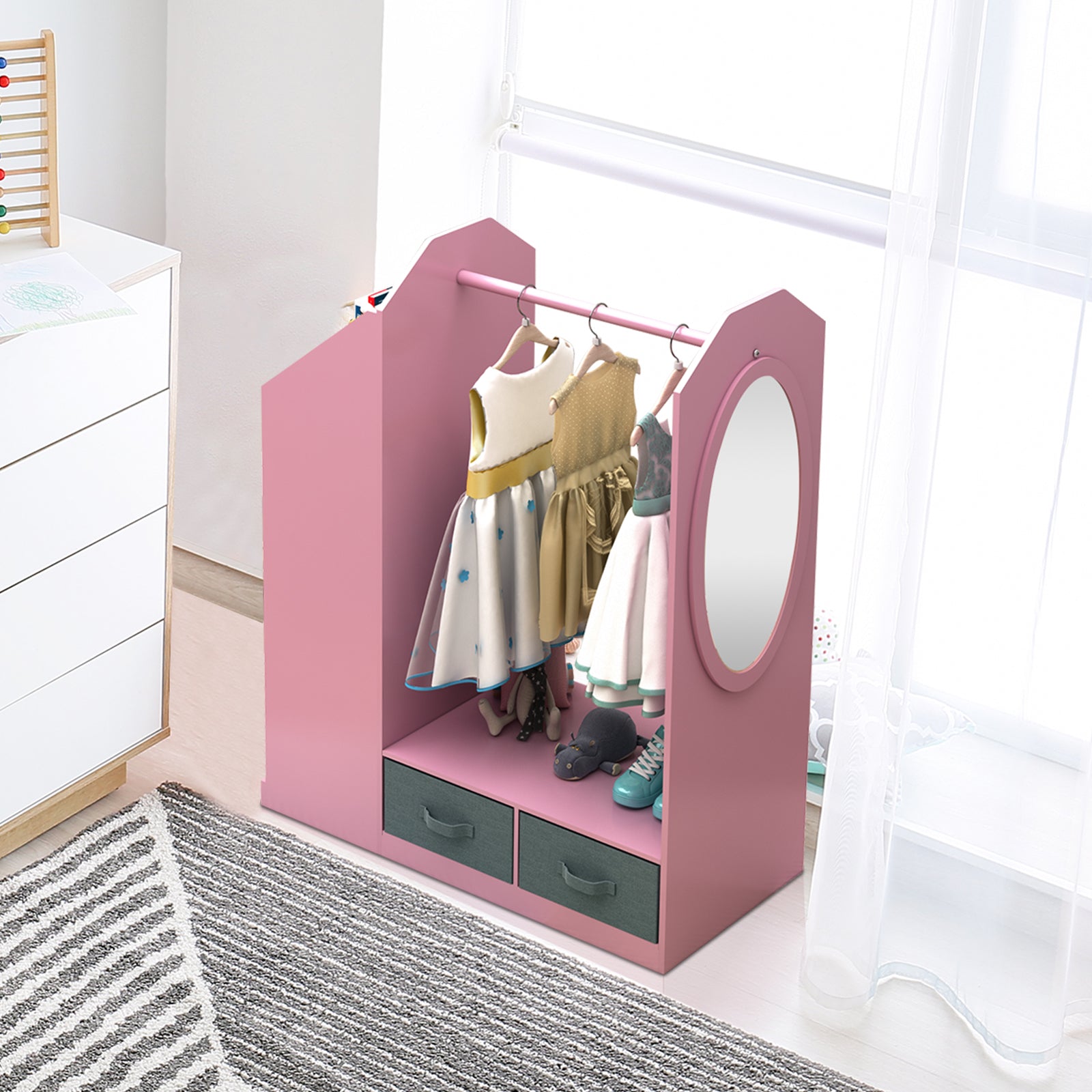 Kids Costume Organizer、 Costume Rack、Kids Armoire、Open Hanging Armoire Closet with Mirror-PINK