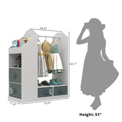 Kids Costume Organizer、 Costume Rack、Kids Armoire、Open Hanging Armoire Closet with Mirror-WHITE