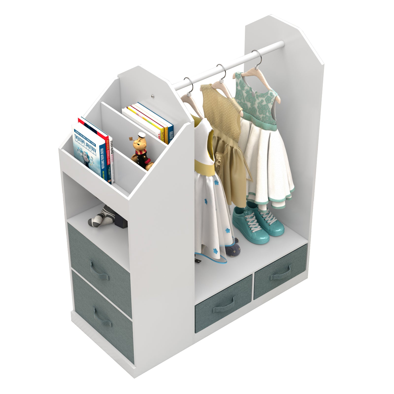 Kids Costume Organizer、 Costume Rack、Kids Armoire、Open Hanging Armoire Closet with Mirror-WHITE