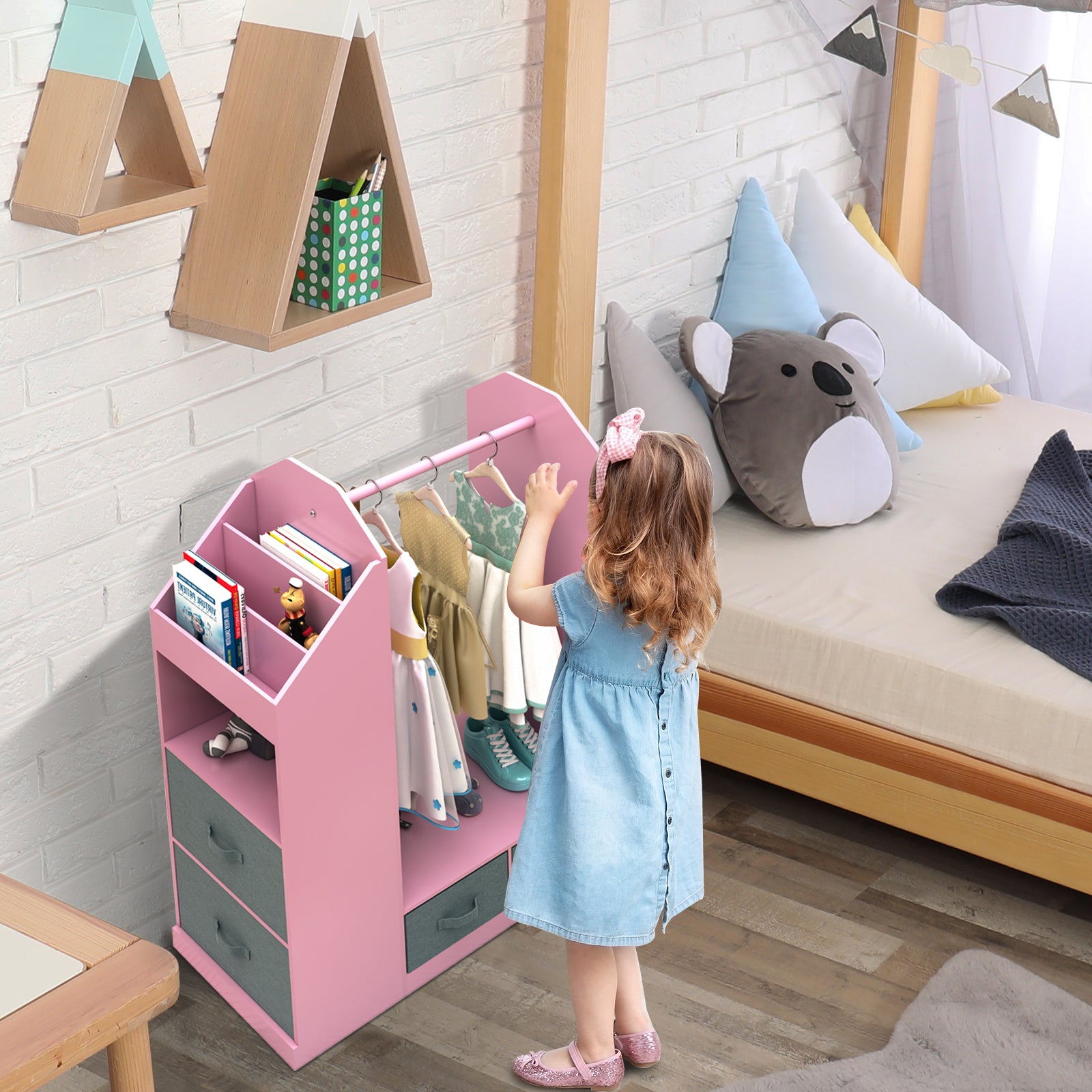 Kids Costume Organizer、 Costume Rack、Kids Armoire、Open Hanging Armoire Closet with Mirror-PINK