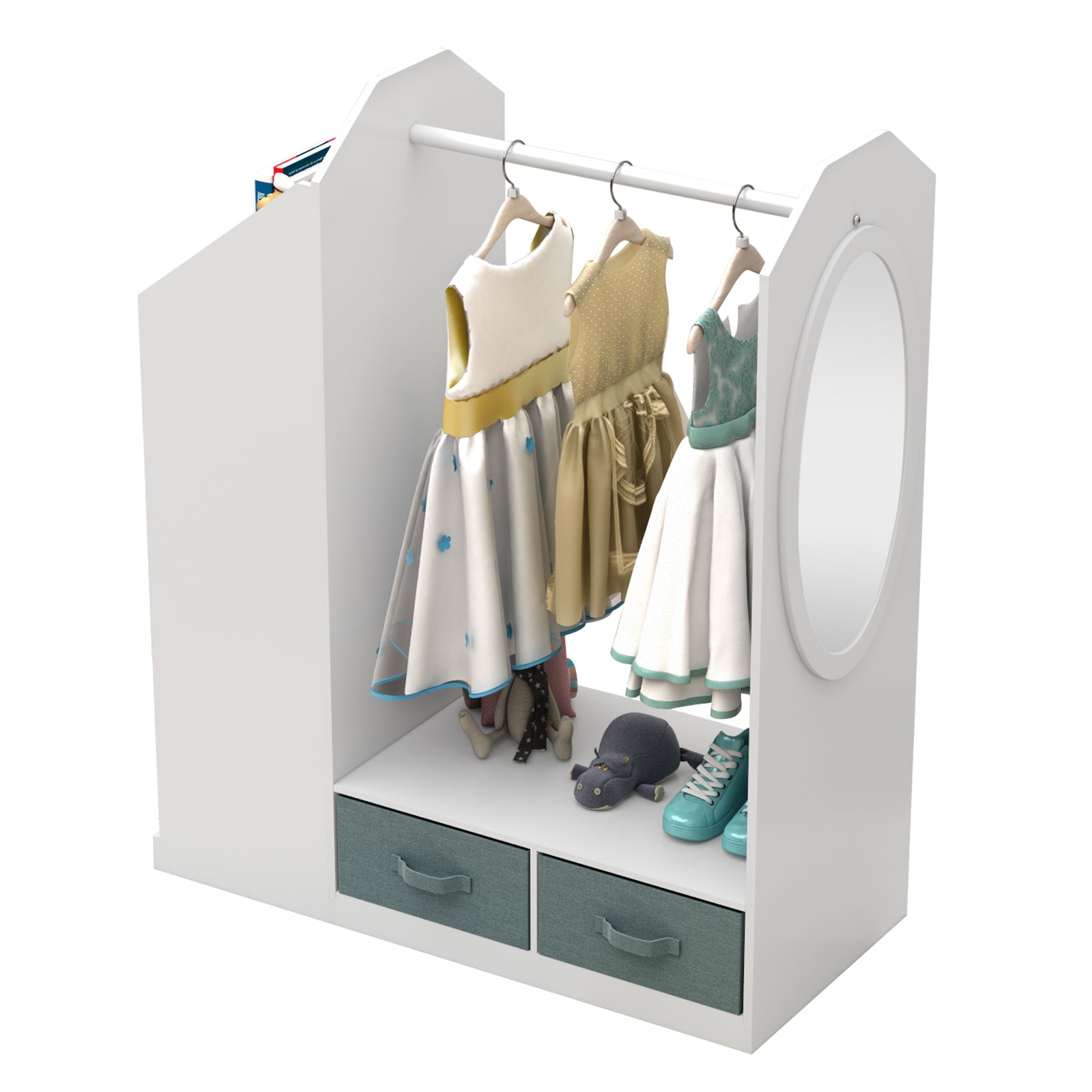 Kids Costume Organizer、 Costume Rack、Kids Armoire、Open Hanging Armoire Closet with Mirror-WHITE