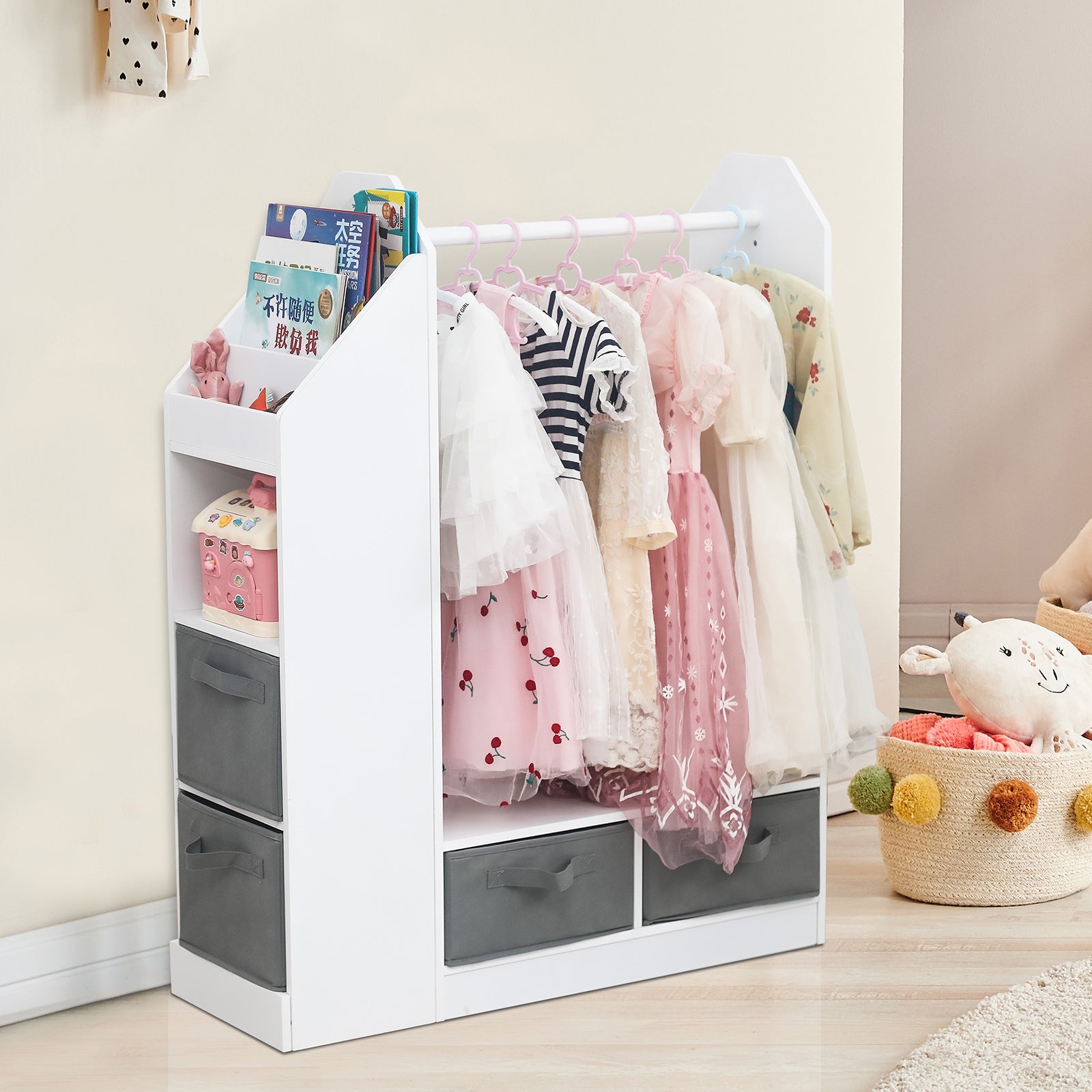 Kids Costume Organizer、 Costume Rack、Kids Armoire、Open Hanging Armoire Closet with Mirror-WHITE