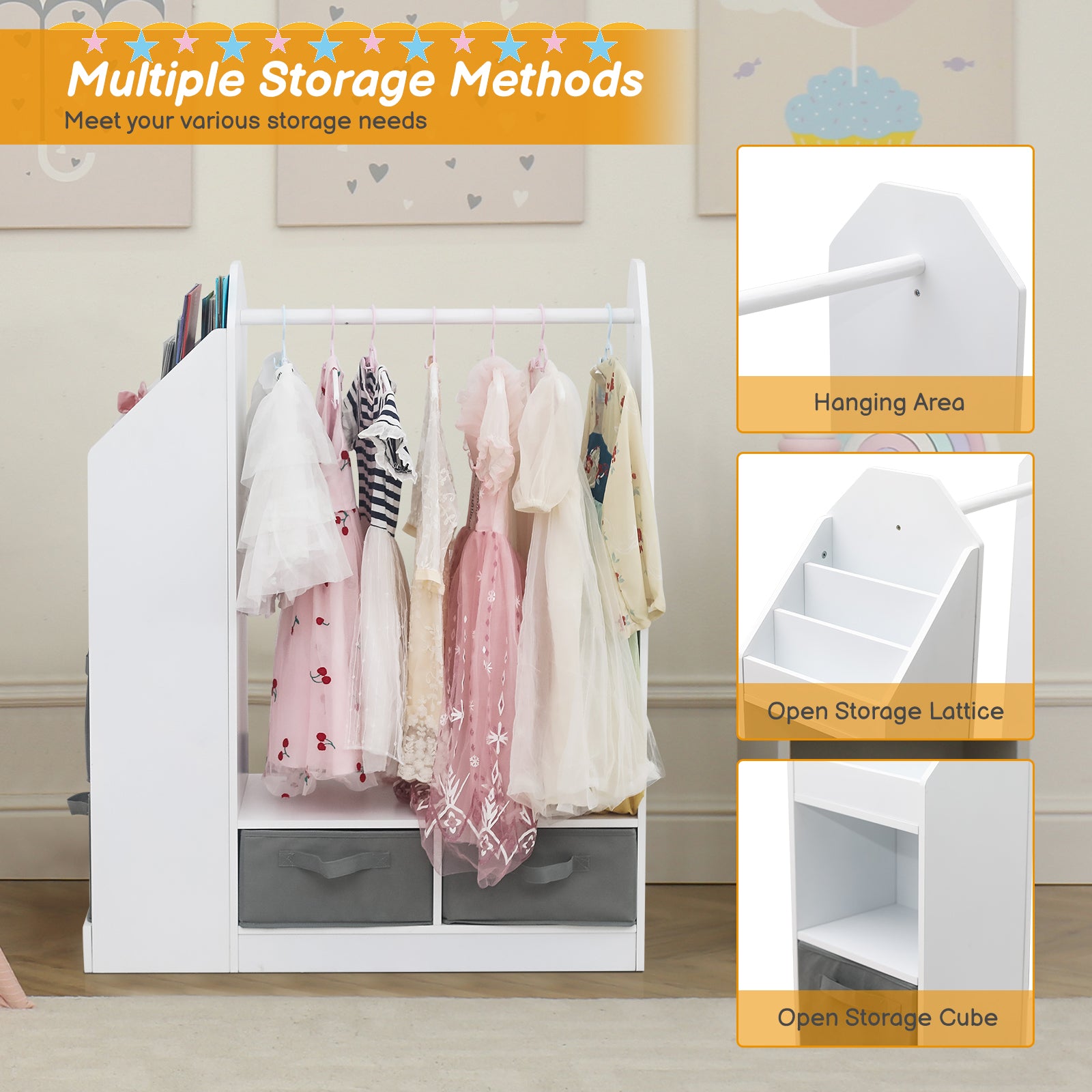 Kids Costume Organizer、 Costume Rack、Kids Armoire、Open Hanging Armoire Closet with Mirror-WHITE