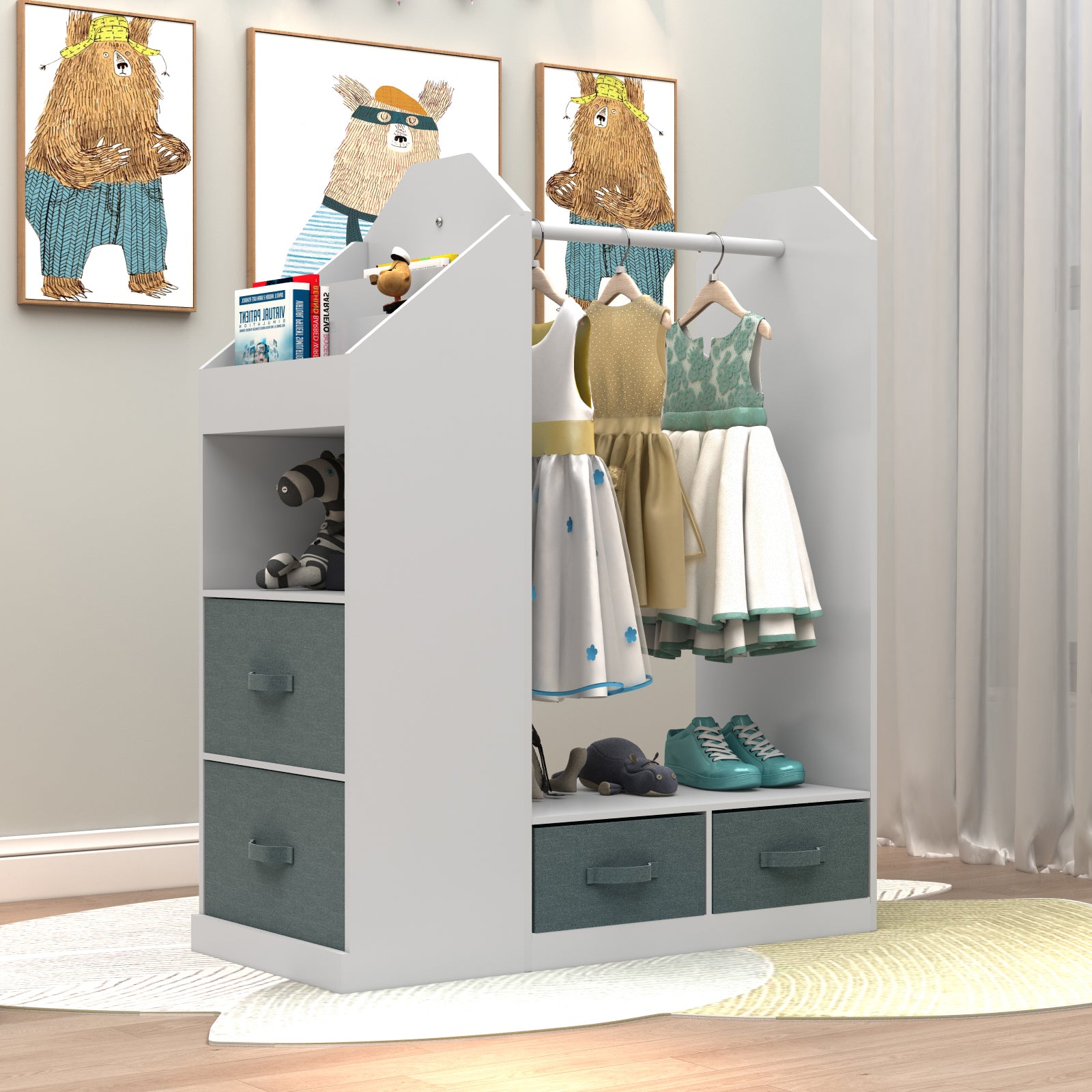 Kids Costume Organizer、 Costume Rack、Kids Armoire、Open Hanging Armoire Closet with Mirror-WHITE