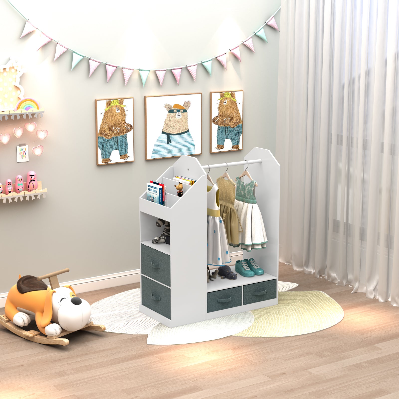 Kids Costume Organizer、 Costume Rack、Kids Armoire、Open Hanging Armoire Closet with Mirror-WHITE