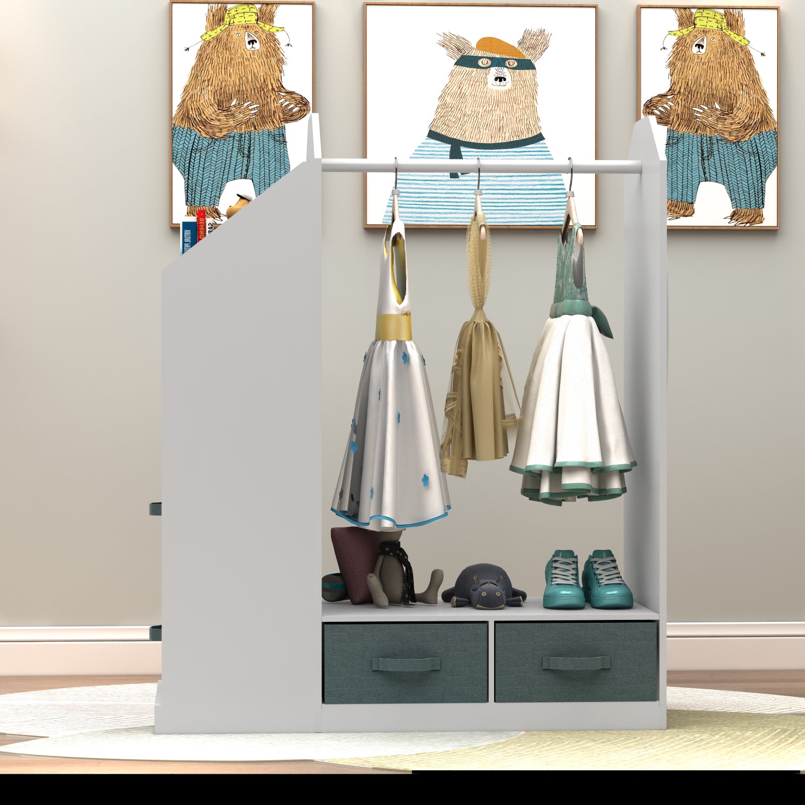 Kids Costume Organizer、 Costume Rack、Kids Armoire、Open Hanging Armoire Closet with Mirror-WHITE