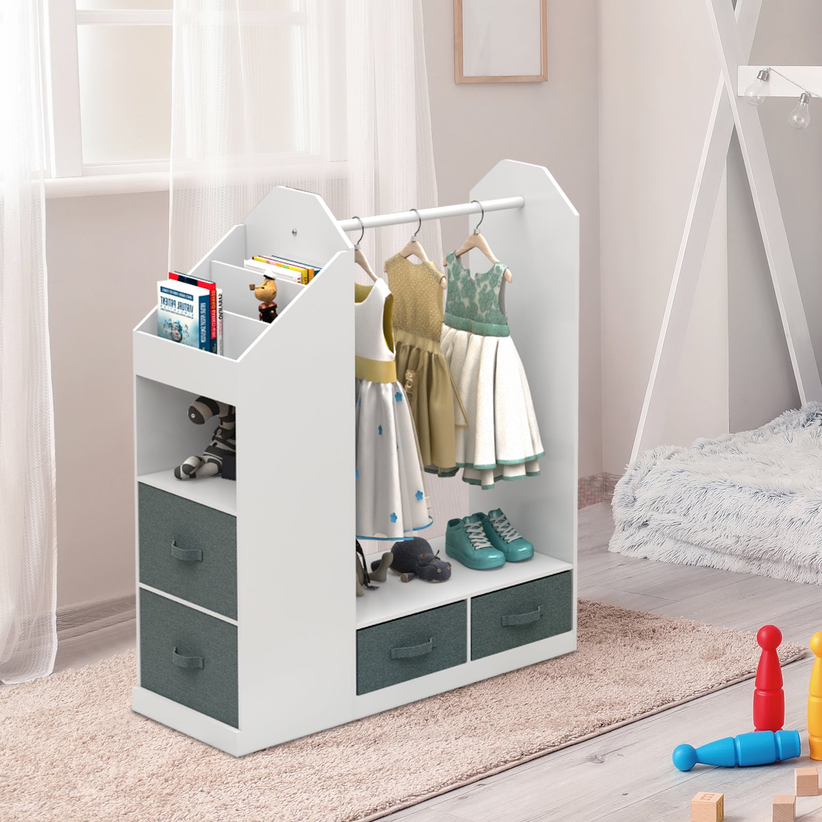 Kids Costume Organizer、 Costume Rack、Kids Armoire、Open Hanging Armoire Closet with Mirror-WHITE