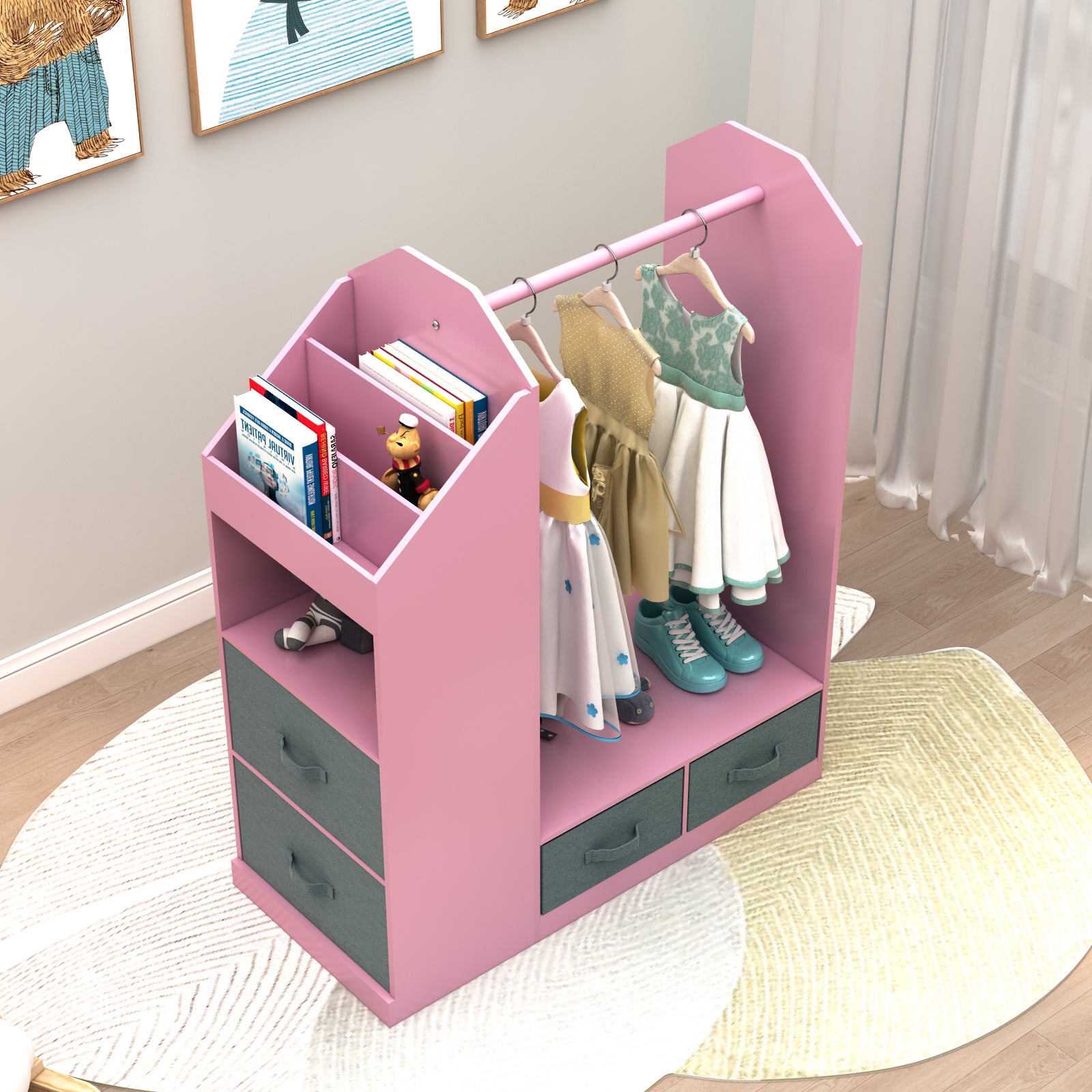 Kids Costume Organizer、 Costume Rack、Kids Armoire、Open Hanging Armoire Closet with Mirror-PINK