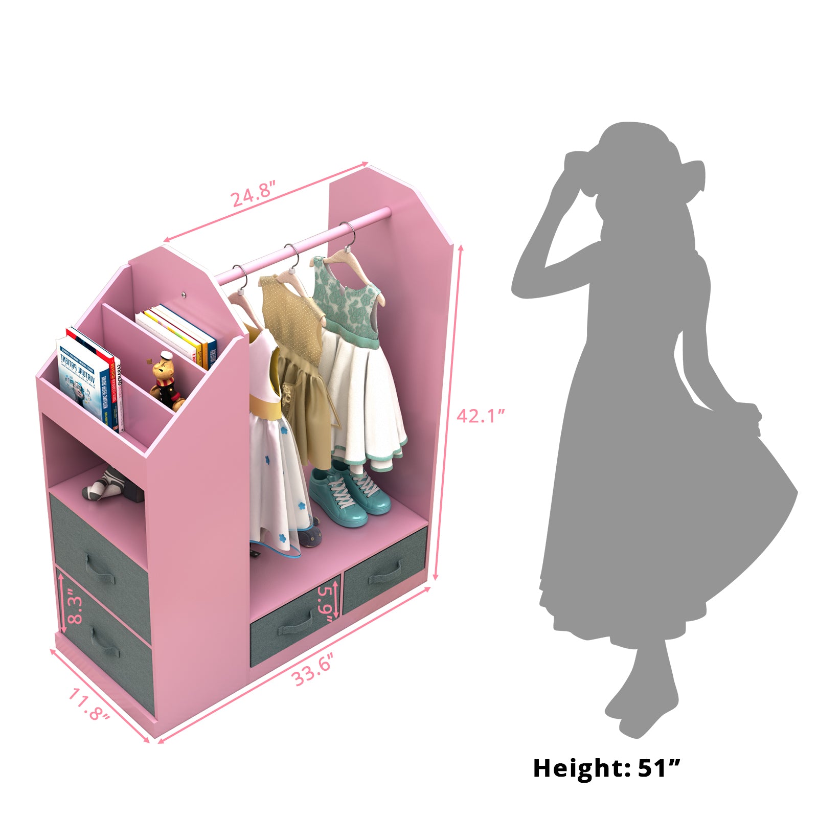 Kids Costume Organizer、 Costume Rack、Kids Armoire、Open Hanging Armoire Closet with Mirror-PINK