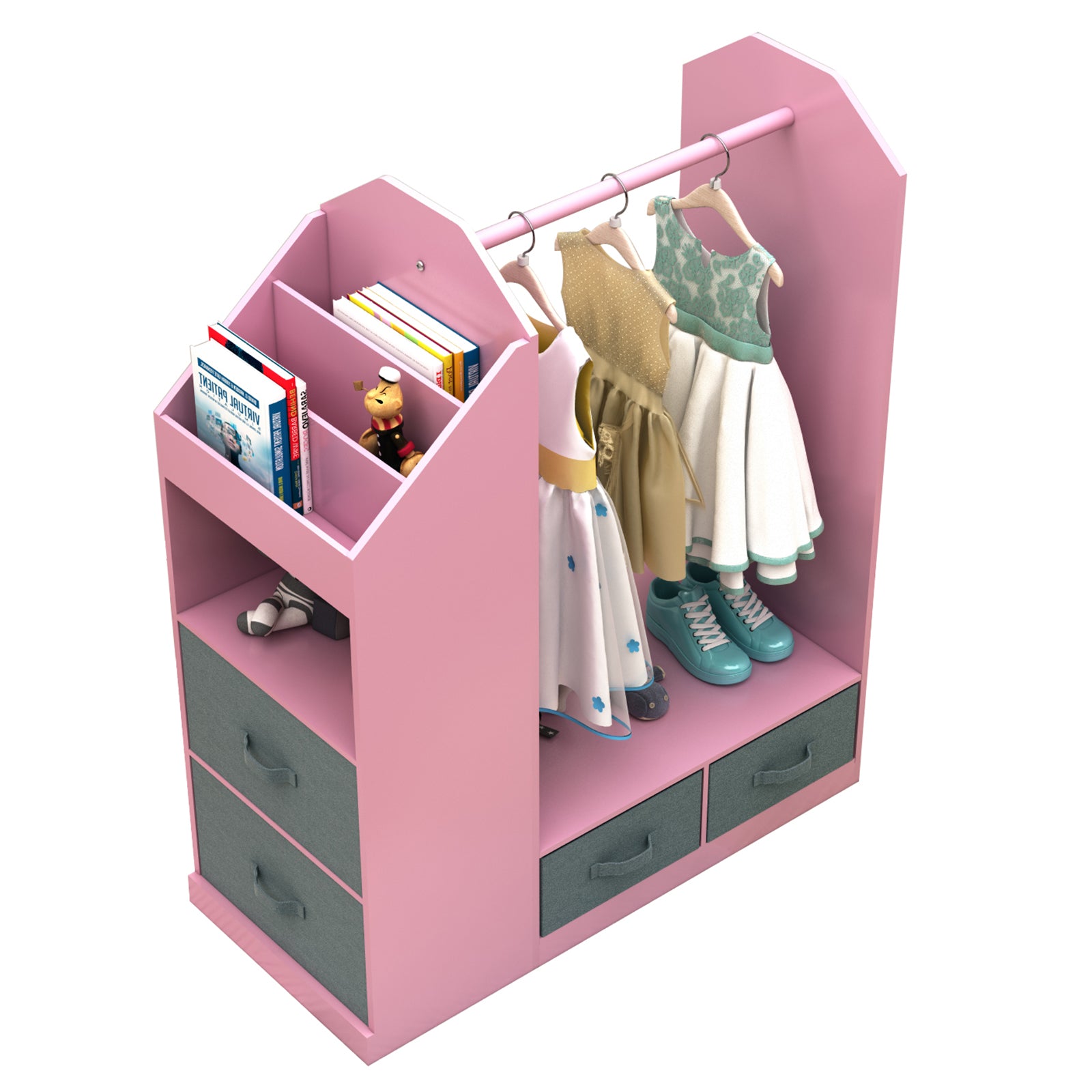 Kids Costume Organizer、 Costume Rack、Kids Armoire、Open Hanging Armoire Closet with Mirror-PINK
