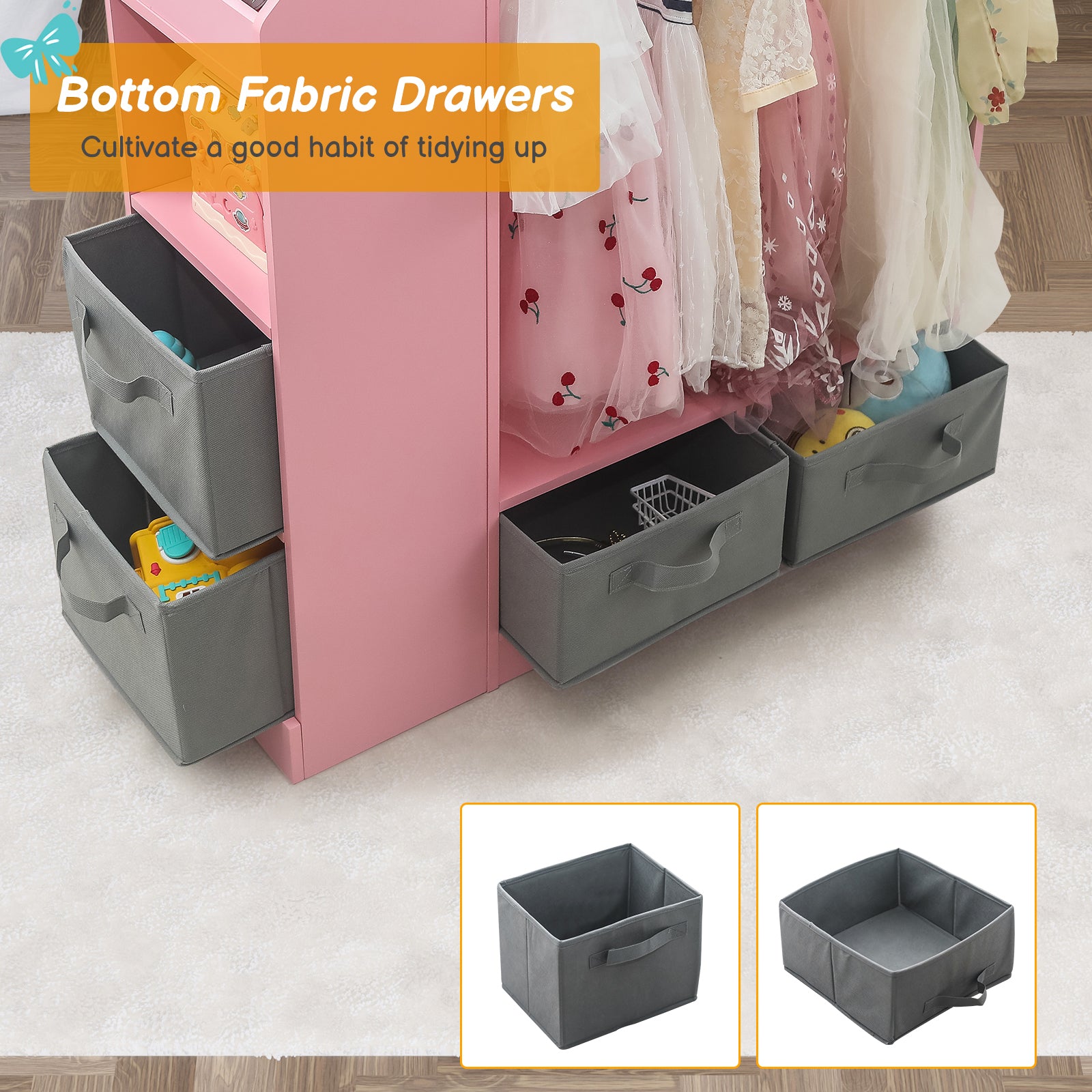 Kids Costume Organizer、 Costume Rack、Kids Armoire、Open Hanging Armoire Closet with Mirror-PINK