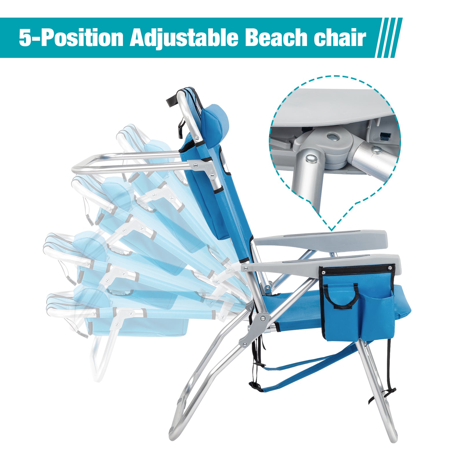 HAOYYE Folding Beach Chair with Adjustable Backrest, Lightweight Aluminum Frame and 5 Reclining Positions, Extra Storage Space with Cup Holder, Durable 600D Polyester Fabric, for Outdoor Activities