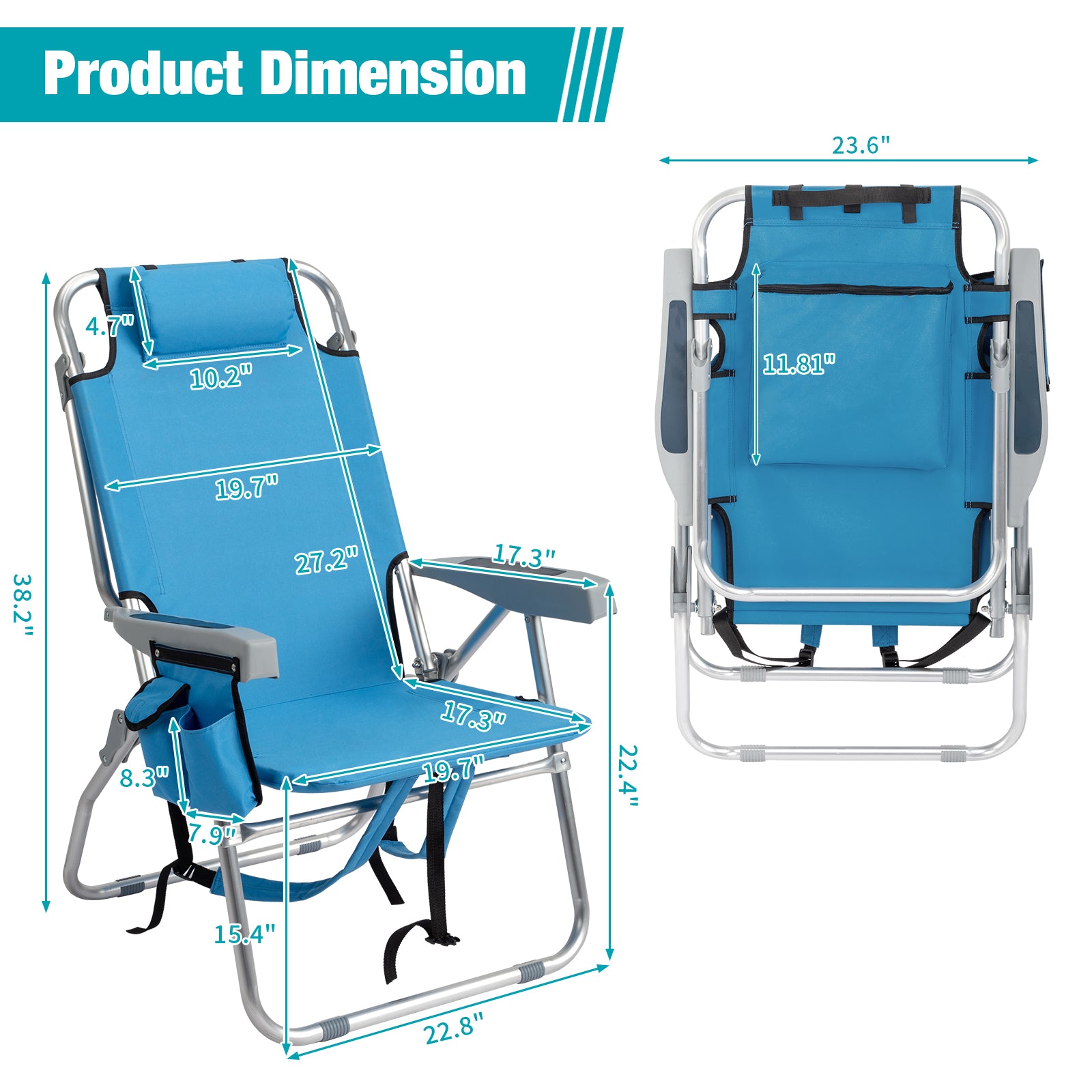 HAOYYE Folding Beach Chair with Adjustable Backrest, Lightweight Aluminum Frame and 5 Reclining Positions, Extra Storage Space with Cup Holder, Durable 600D Polyester Fabric, for Outdoor Activities
