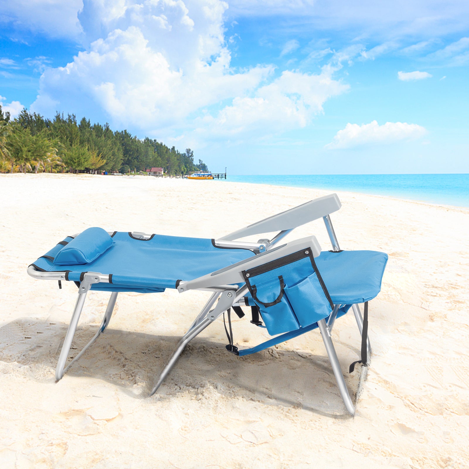 HAOYYE Folding Beach Chair with Adjustable Backrest, Lightweight Aluminum Frame and 5 Reclining Positions, Extra Storage Space with Cup Holder, Durable 600D Polyester Fabric, for Outdoor Activities