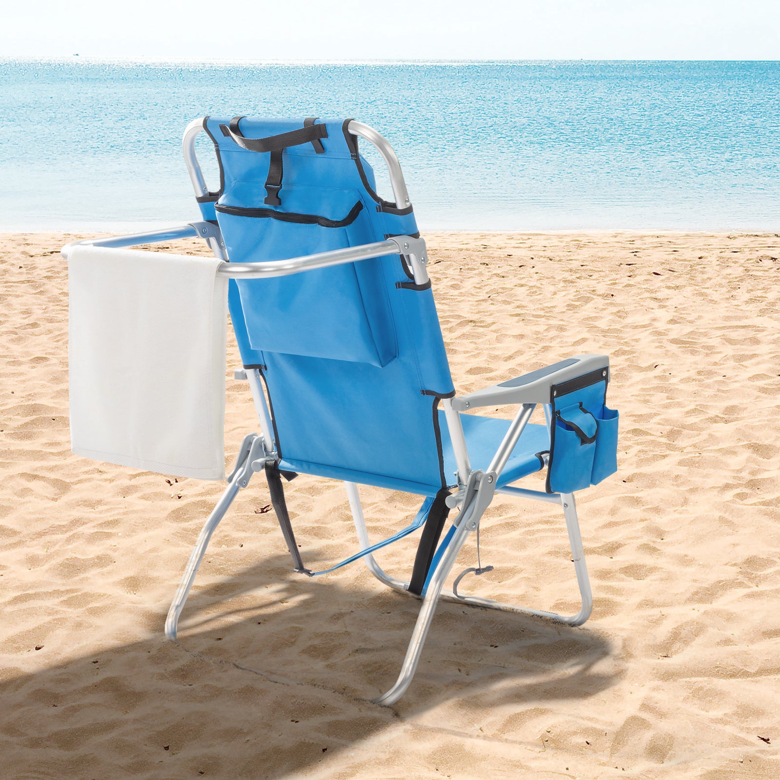 HAOYYE Folding Beach Chair with Adjustable Backrest, Lightweight Aluminum Frame and 5 Reclining Positions, Extra Storage Space with Cup Holder, Durable 600D Polyester Fabric, for Outdoor Activities