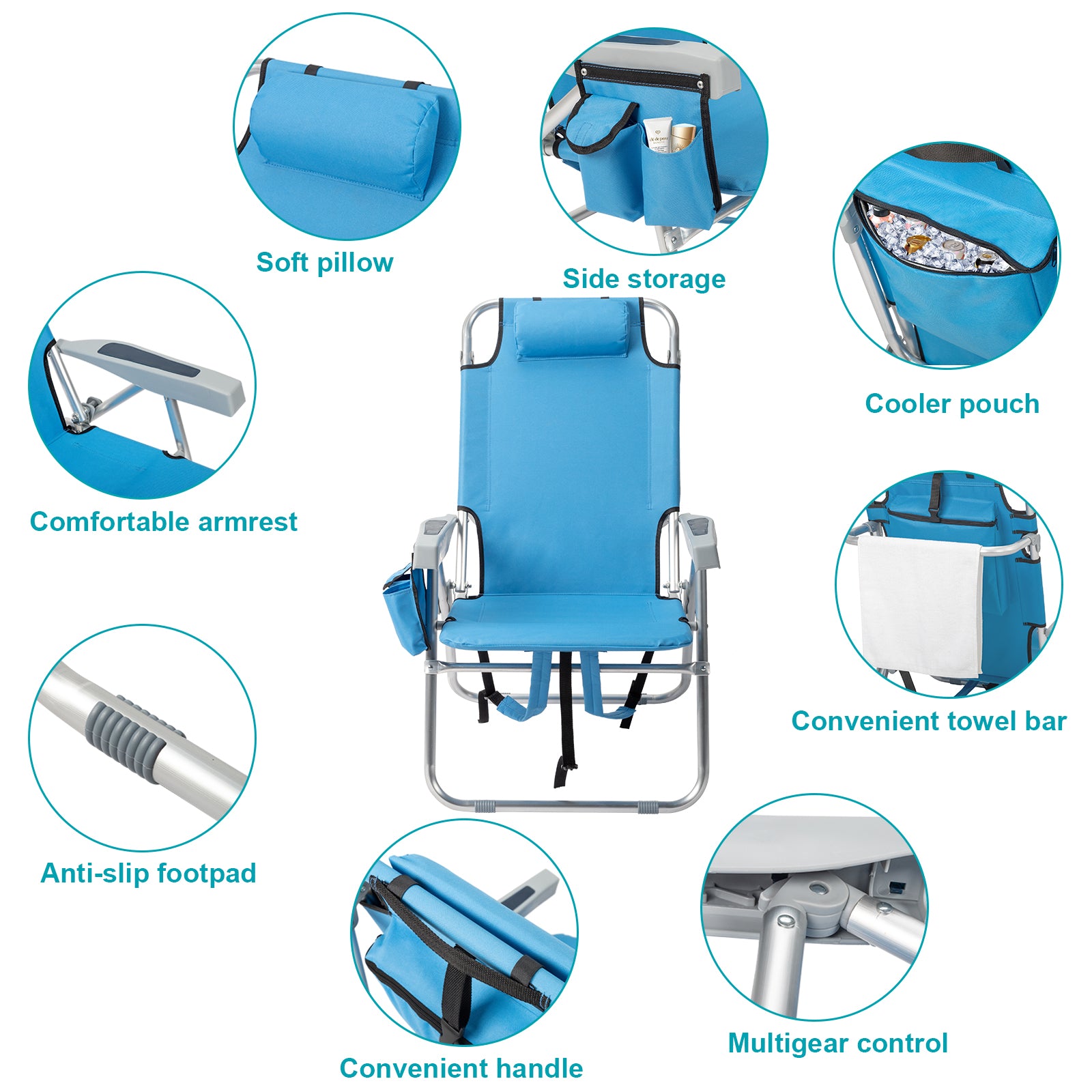 HAOYYE Folding Beach Chair with Adjustable Backrest, Lightweight Aluminum Frame and 5 Reclining Positions, Extra Storage Space with Cup Holder, Durable 600D Polyester Fabric, for Outdoor Activities