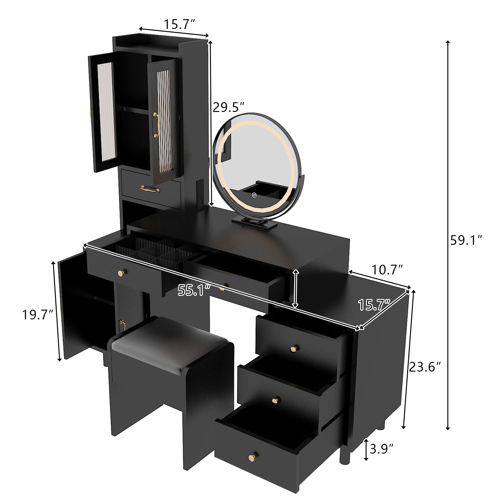 HAOYYE Modern Makeup Vanity Table Set with Side Cabinet, LED Mirror, 3 Light Colors, Retractable Dressing Table with Power Outlets, Adjustable LED Lighting, Storage Drawer, Elegant Makeup Desk for Bedroom, Dressing Room, Home Use