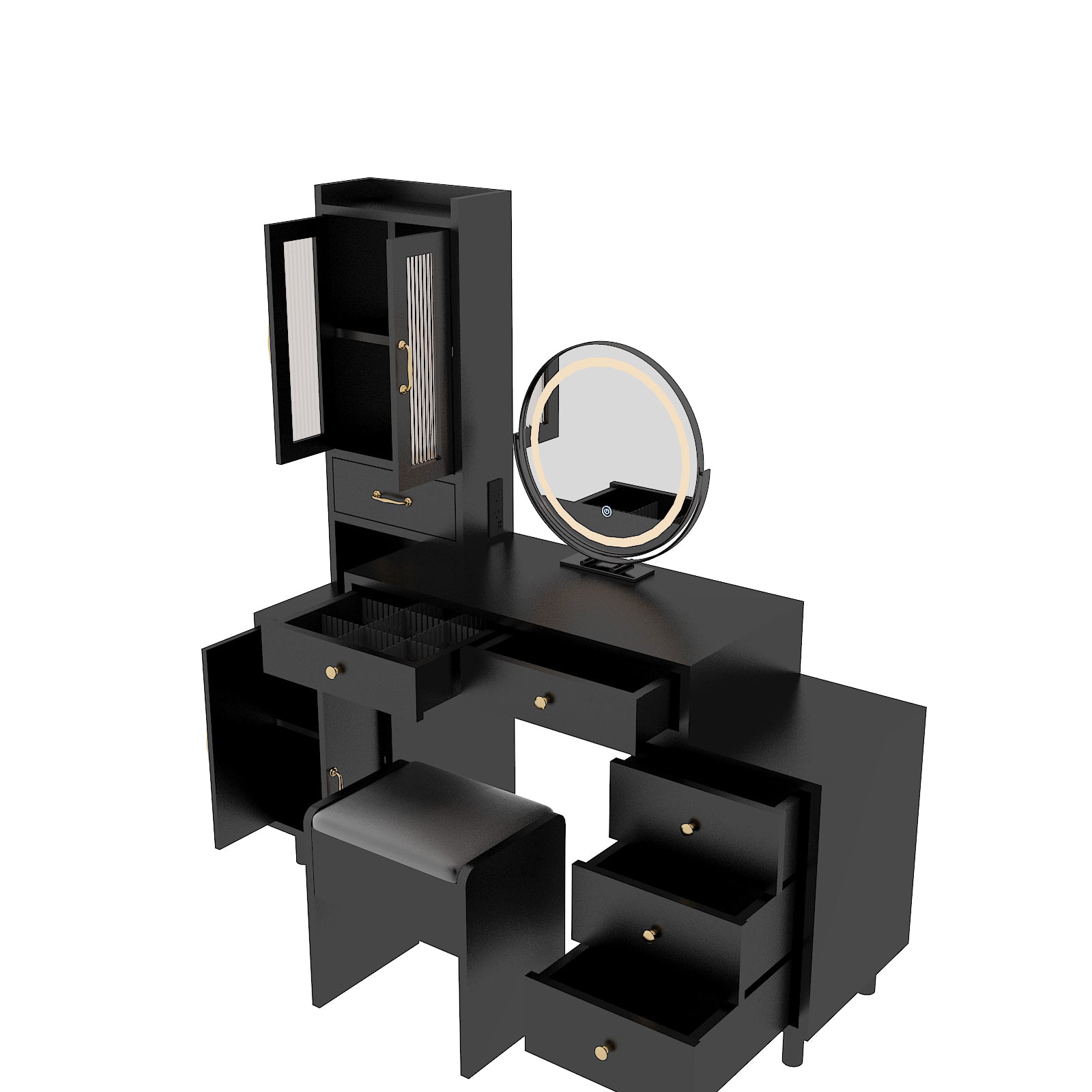 HAOYYE Modern Makeup Vanity Table Set with Side Cabinet, LED Mirror, 3 Light Colors, Retractable Dressing Table with Power Outlets, Adjustable LED Lighting, Storage Drawer, Elegant Makeup Desk for Bedroom, Dressing Room, Home Use