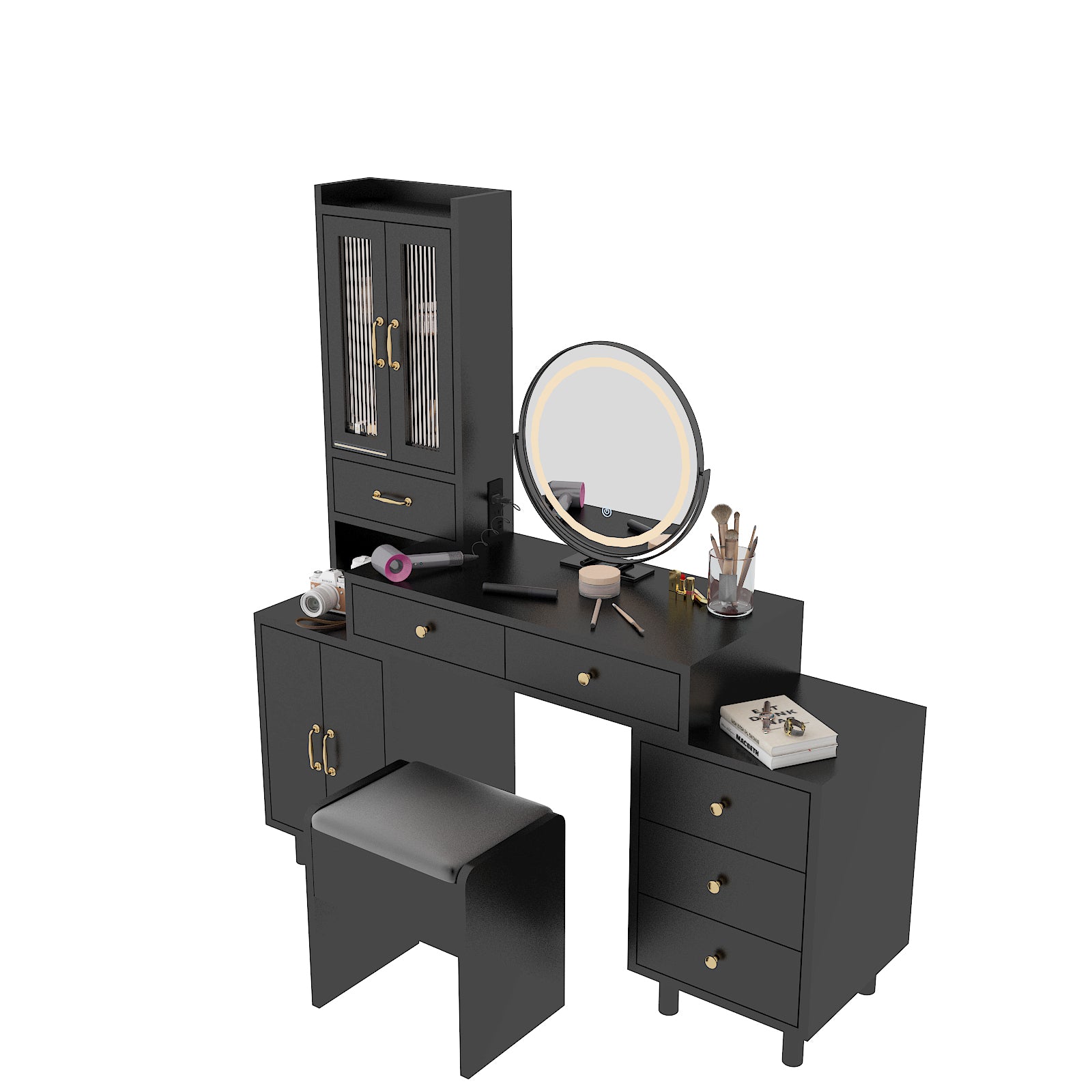 HAOYYE Modern Makeup Vanity Table Set with Side Cabinet, LED Mirror, 3 Light Colors, Retractable Dressing Table with Power Outlets, Adjustable LED Lighting, Storage Drawer, Elegant Makeup Desk for Bedroom, Dressing Room, Home Use