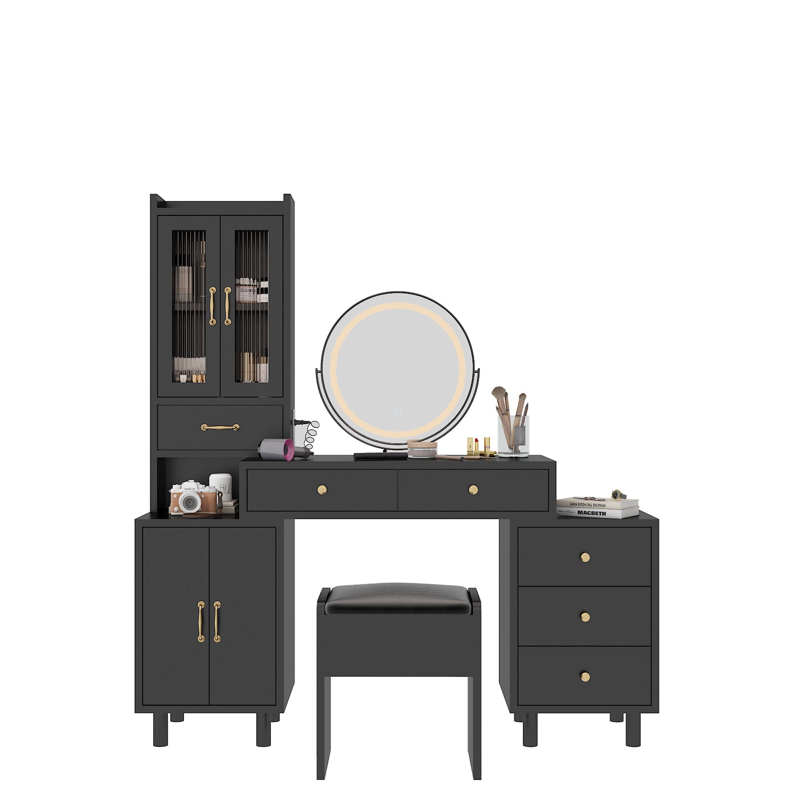 HAOYYE Modern Makeup Vanity Table Set with Side Cabinet, LED Mirror, 3 Light Colors, Retractable Dressing Table with Power Outlets, Adjustable LED Lighting, Storage Drawer, Elegant Makeup Desk for Bedroom, Dressing Room, Home Use