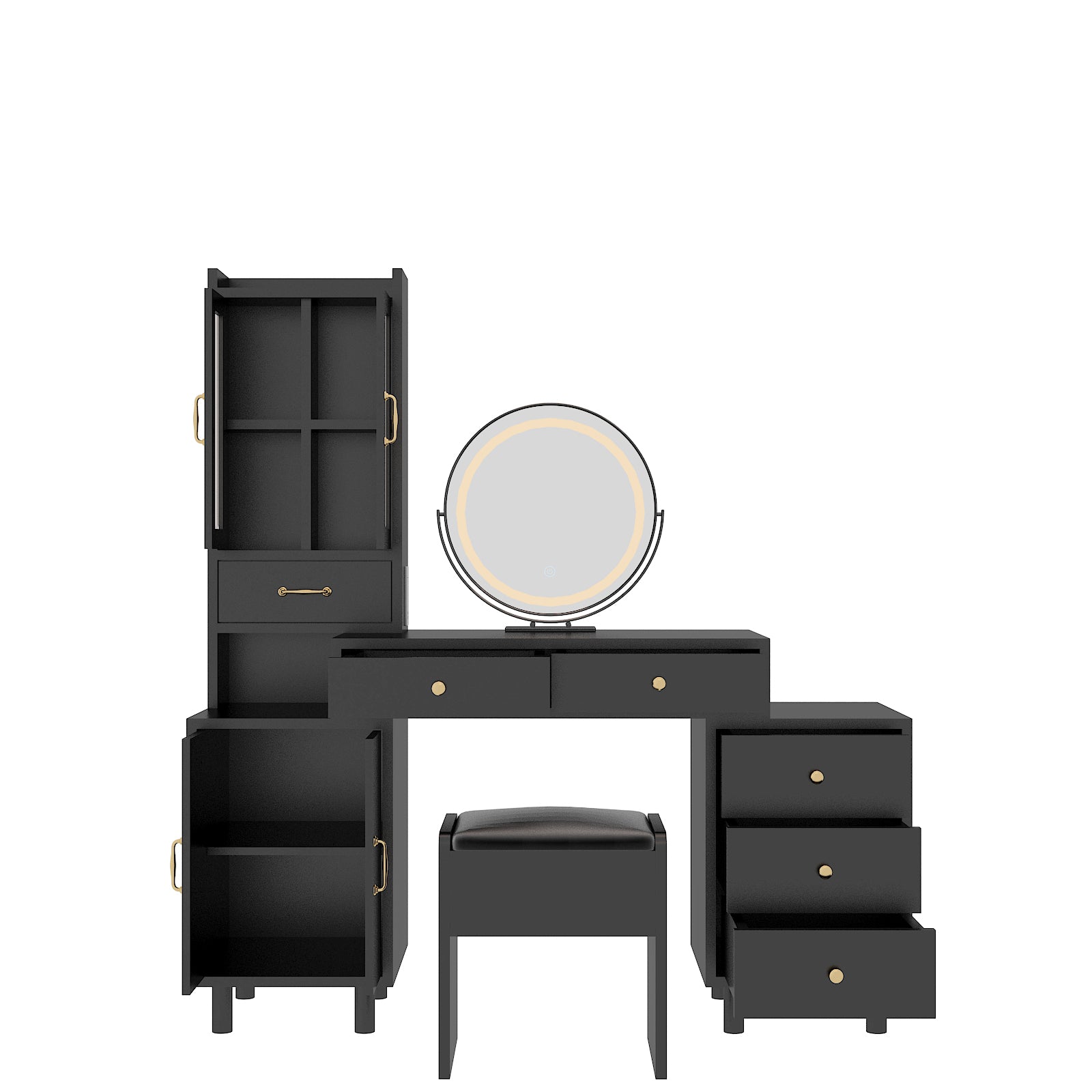 HAOYYE Modern Makeup Vanity Table Set with Side Cabinet, LED Mirror, 3 Light Colors, Retractable Dressing Table with Power Outlets, Adjustable LED Lighting, Storage Drawer, Elegant Makeup Desk for Bedroom, Dressing Room, Home Use