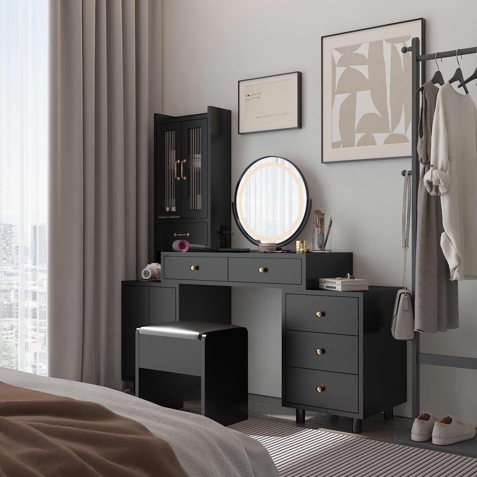 HAOYYE Modern Makeup Vanity Table Set with Side Cabinet, LED Mirror, 3 Light Colors, Retractable Dressing Table with Power Outlets, Adjustable LED Lighting, Storage Drawer, Elegant Makeup Desk for Bedroom, Dressing Room, Home Use