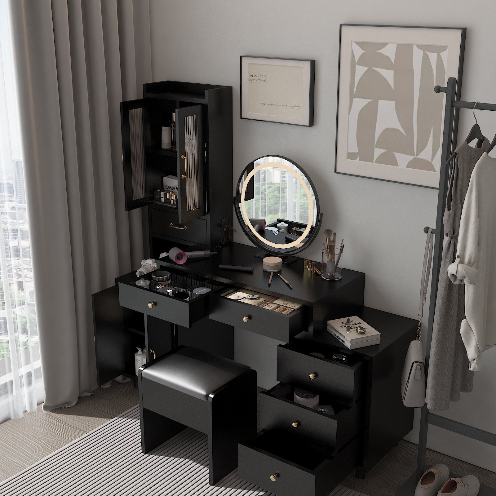 HAOYYE Modern Makeup Vanity Table Set with Side Cabinet, LED Mirror, 3 Light Colors, Retractable Dressing Table with Power Outlets, Adjustable LED Lighting, Storage Drawer, Elegant Makeup Desk for Bedroom, Dressing Room, Home Use