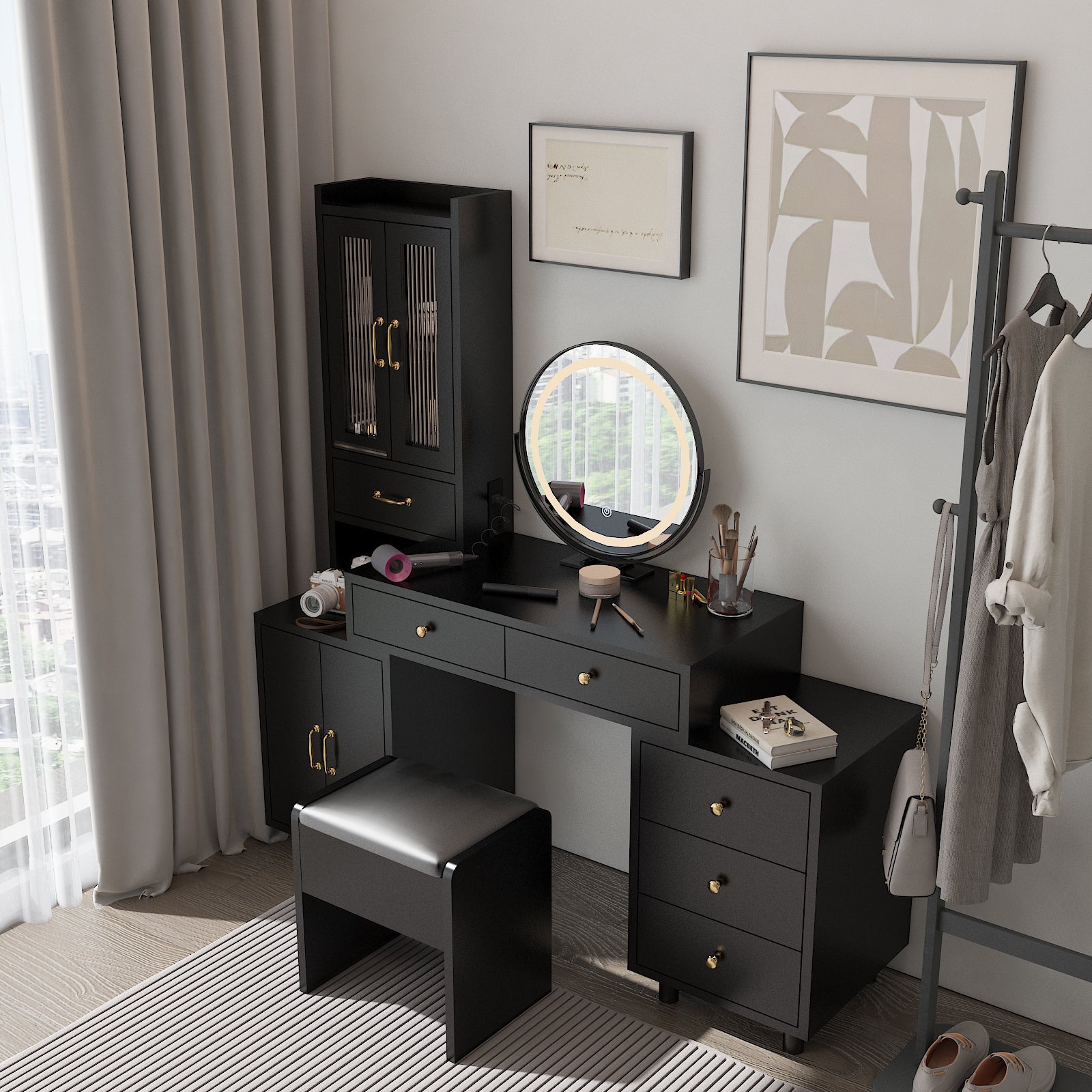 HAOYYE Modern Makeup Vanity Table Set with Side Cabinet, LED Mirror, 3 Light Colors, Retractable Dressing Table with Power Outlets, Adjustable LED Lighting, Storage Drawer, Elegant Makeup Desk for Bedroom, Dressing Room, Home Use