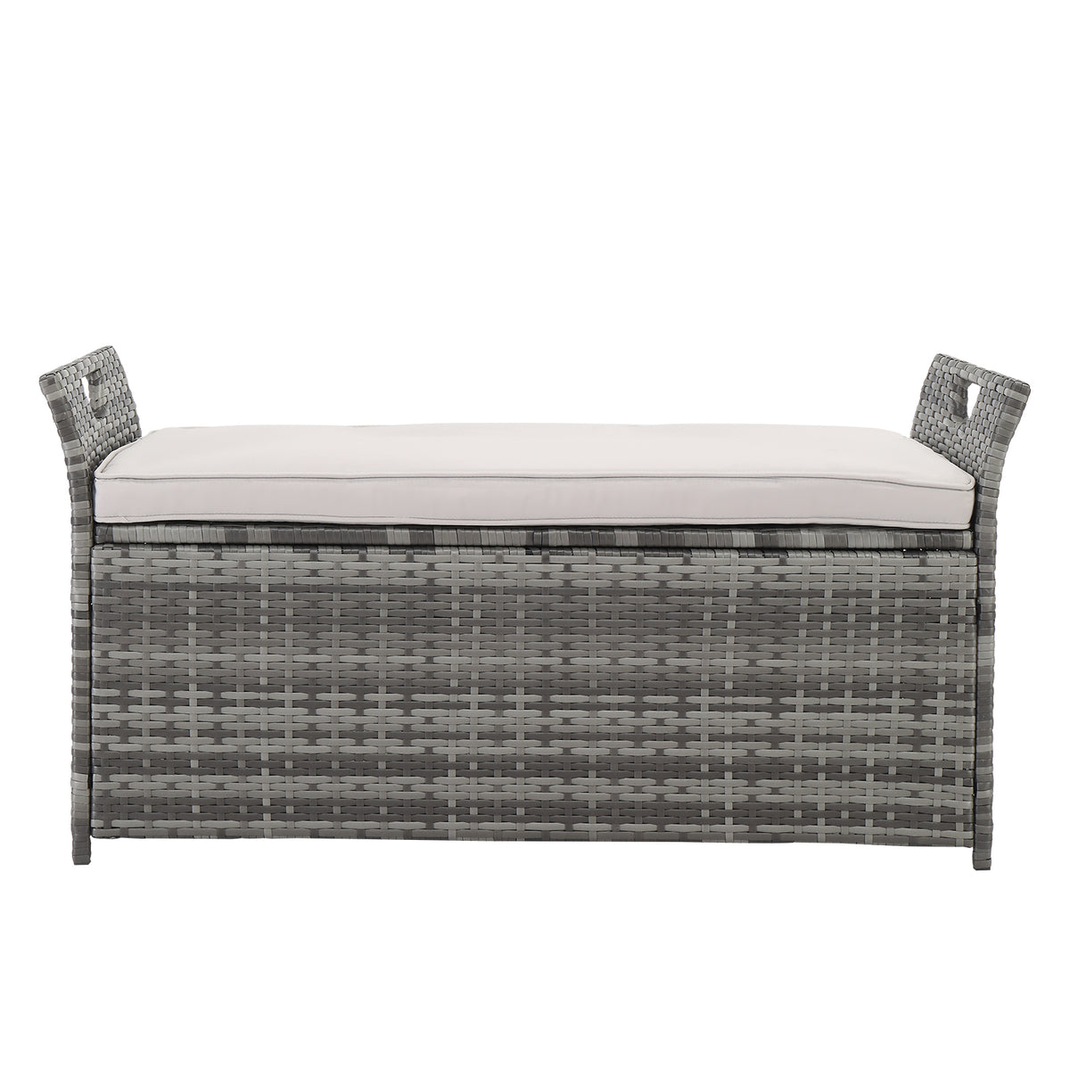 HAOYYE Rattan Storage Bench with Cushion, Gray Gradient PE Wicker Footstool Locker with Lift Top and Iron Frame, Indoor Outdoor Ottoman for Entryway Living Room Balcony Porch 125L Capacity