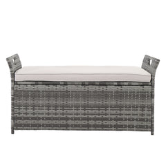 HAOYYE Rattan Storage Bench with Cushion, Gray Gradient PE Wicker Footstool Locker with Lift Top and Iron Frame, Indoor Outdoor Ottoman for Entryway Living Room Balcony Porch 125L Capacity