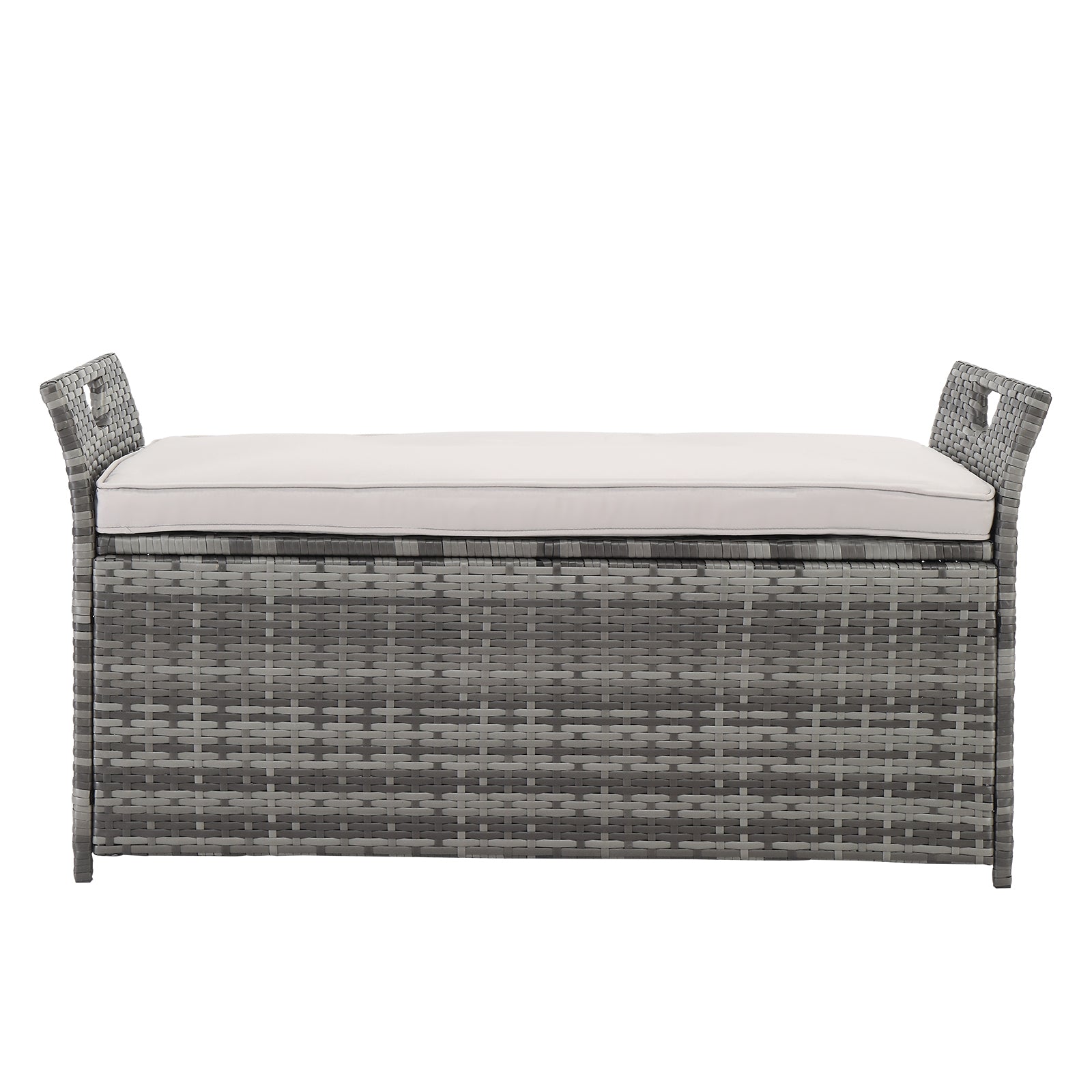 HAOYYE Rattan Storage Bench with Cushion, Gray Gradient PE Wicker Footstool Locker with Lift Top and Iron Frame, Indoor Outdoor Ottoman for Entryway Living Room Balcony Porch 125L Capacity