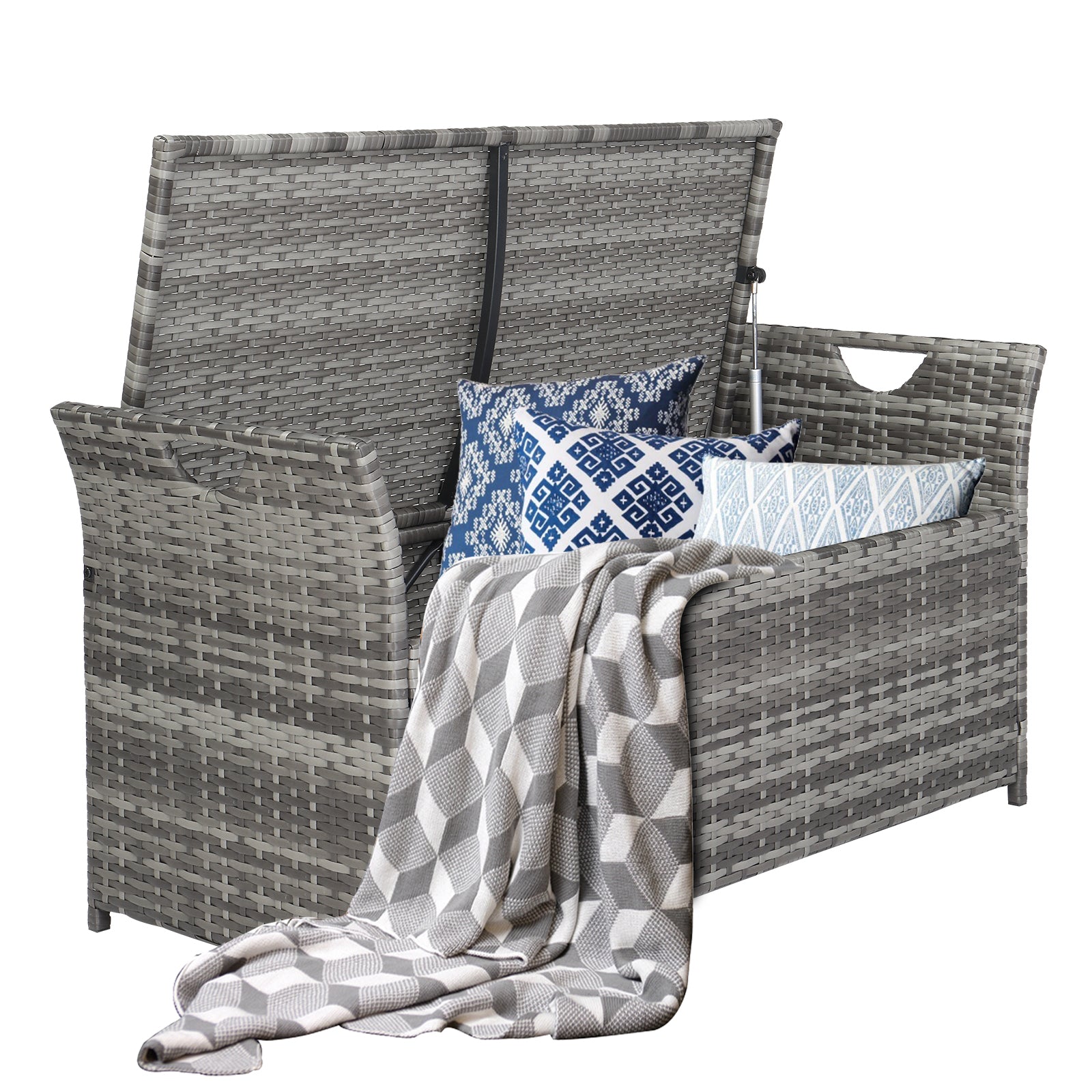 HAOYYE Rattan Storage Bench with Cushion, Gray Gradient PE Wicker Footstool Locker with Lift Top and Iron Frame, Indoor Outdoor Ottoman for Entryway Living Room Balcony Porch 125L Capacity