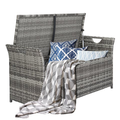 HAOYYE Rattan Storage Bench with Cushion, Gray Gradient PE Wicker Footstool Locker with Lift Top and Iron Frame, Indoor Outdoor Ottoman for Entryway Living Room Balcony Porch 125L Capacity