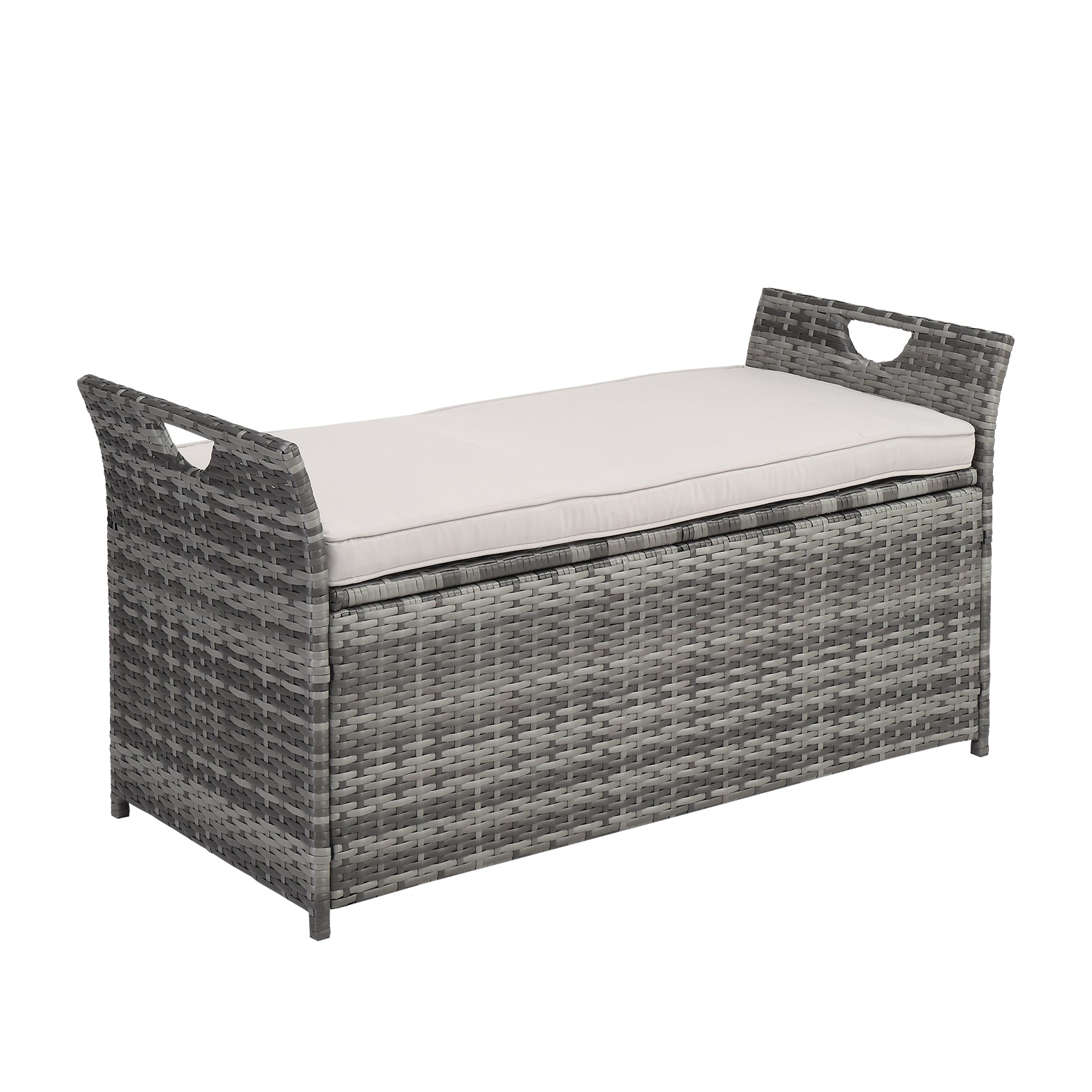 HAOYYE Rattan Storage Bench with Cushion, Gray Gradient PE Wicker Footstool Locker with Lift Top and Iron Frame, Indoor Outdoor Ottoman for Entryway Living Room Balcony Porch 125L Capacity