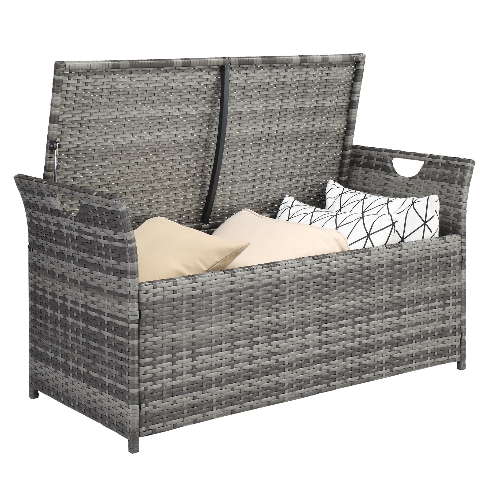 HAOYYE Rattan Storage Bench with Cushion, Gray Gradient PE Wicker Footstool Locker with Lift Top and Iron Frame, Indoor Outdoor Ottoman for Entryway Living Room Balcony Porch 125L Capacity