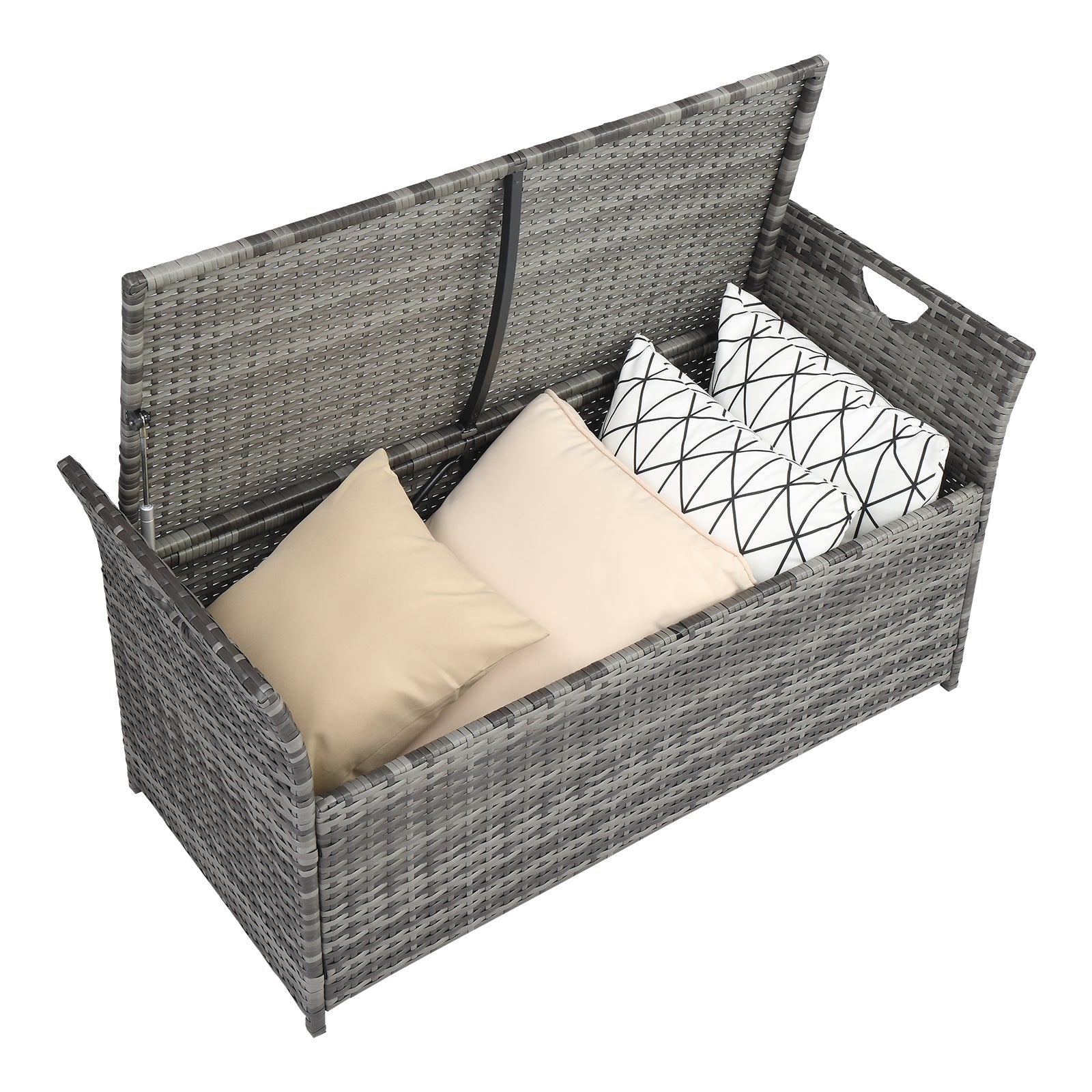 HAOYYE Rattan Storage Bench with Cushion, Gray Gradient PE Wicker Footstool Locker with Lift Top and Iron Frame, Indoor Outdoor Ottoman for Entryway Living Room Balcony Porch 125L Capacity