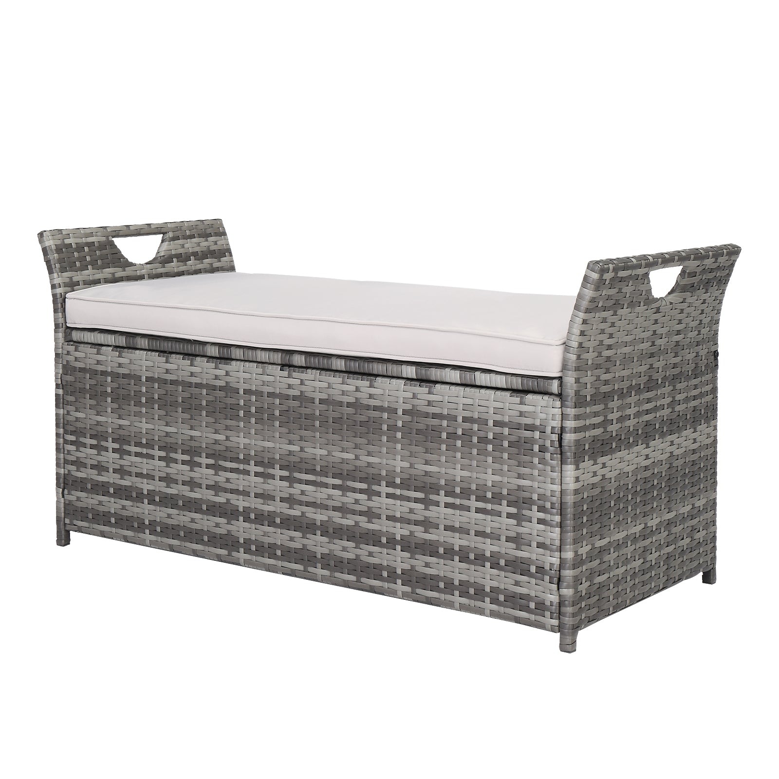 HAOYYE Rattan Storage Bench with Cushion, Gray Gradient PE Wicker Footstool Locker with Lift Top and Iron Frame, Indoor Outdoor Ottoman for Entryway Living Room Balcony Porch 125L Capacity