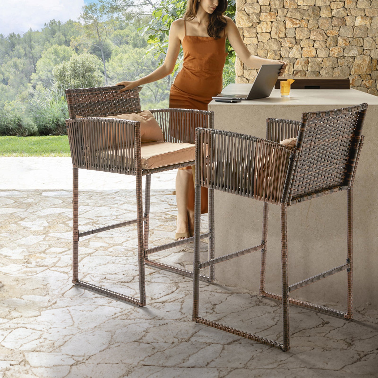 HAOYYE Outdoor 3 Piece Patio Bar Set with Bar Height Bistro Table and 2 High Top Wicker Bar Stools Brown Gradient Rattan Furniture with Beige Cushions and Back Pillows for Deck Balcony Garden