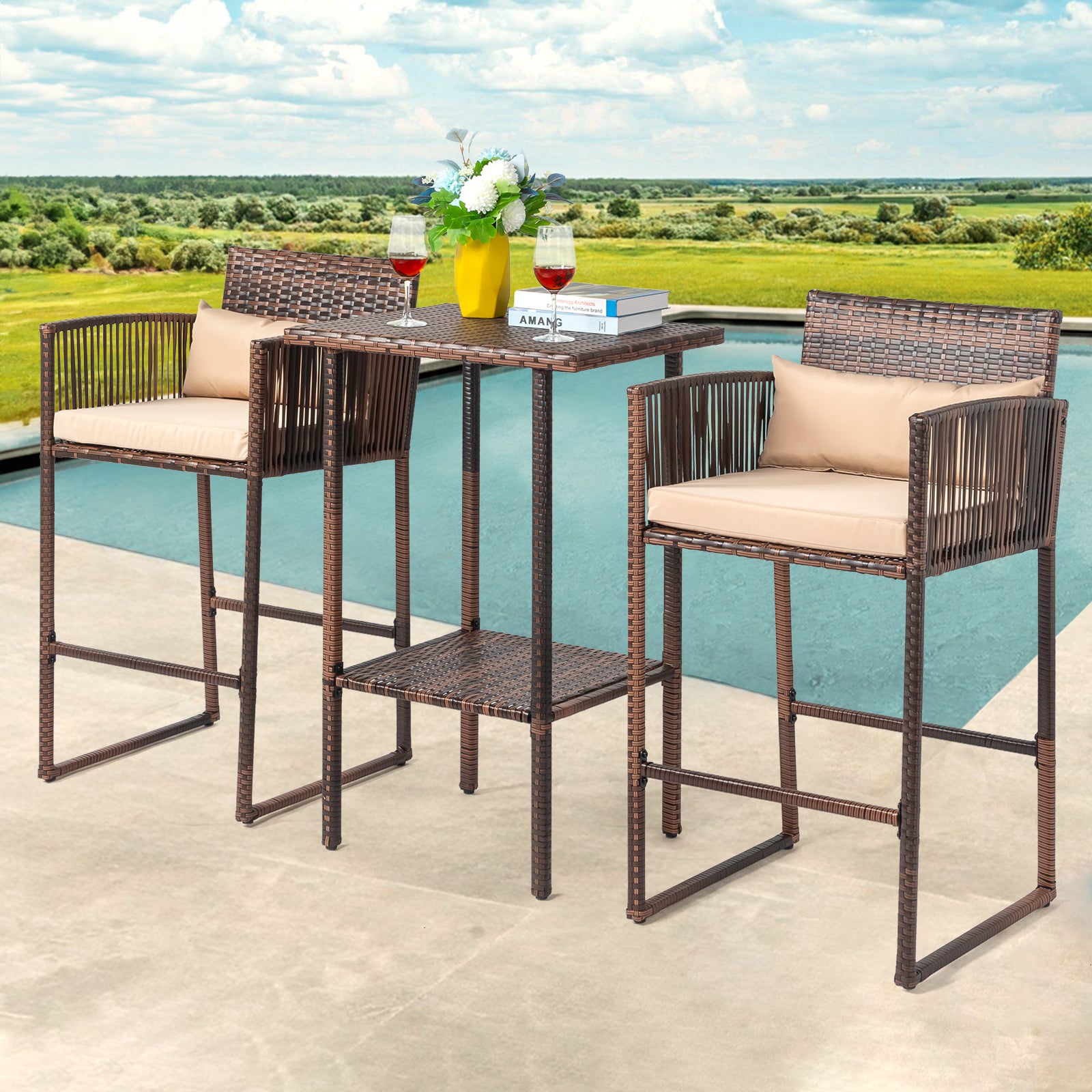 HAOYYE Outdoor 3 Piece Patio Bar Set with Bar Height Bistro Table and 2 High Top Wicker Bar Stools Brown Gradient Rattan Furniture with Beige Cushions and Back Pillows for Deck Balcony Garden
