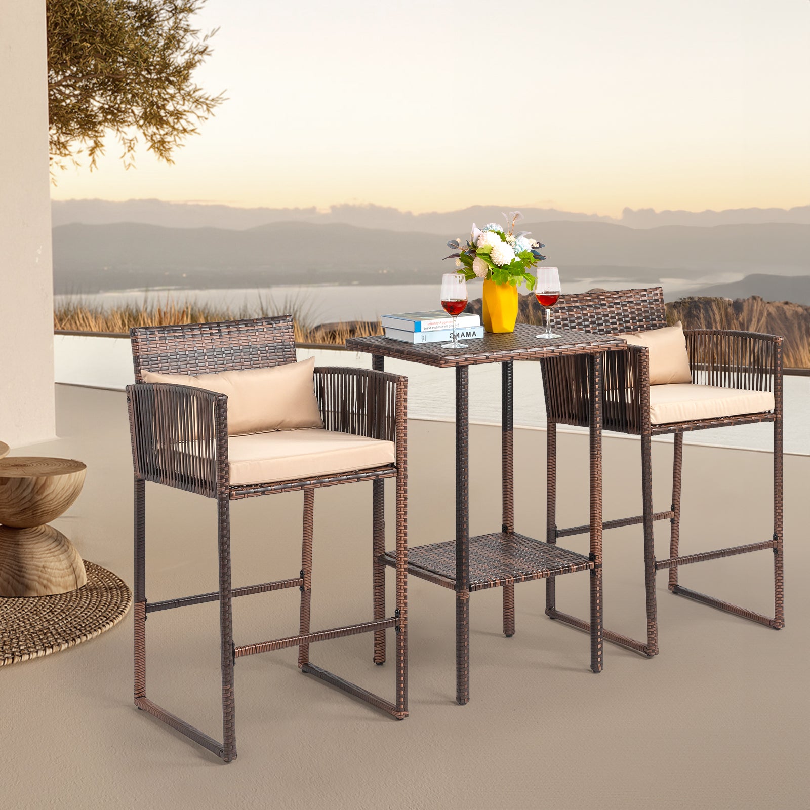 HAOYYE Outdoor 3 Piece Patio Bar Set with Bar Height Bistro Table and 2 High Top Wicker Bar Stools Brown Gradient Rattan Furniture with Beige Cushions and Back Pillows for Deck Balcony Garden