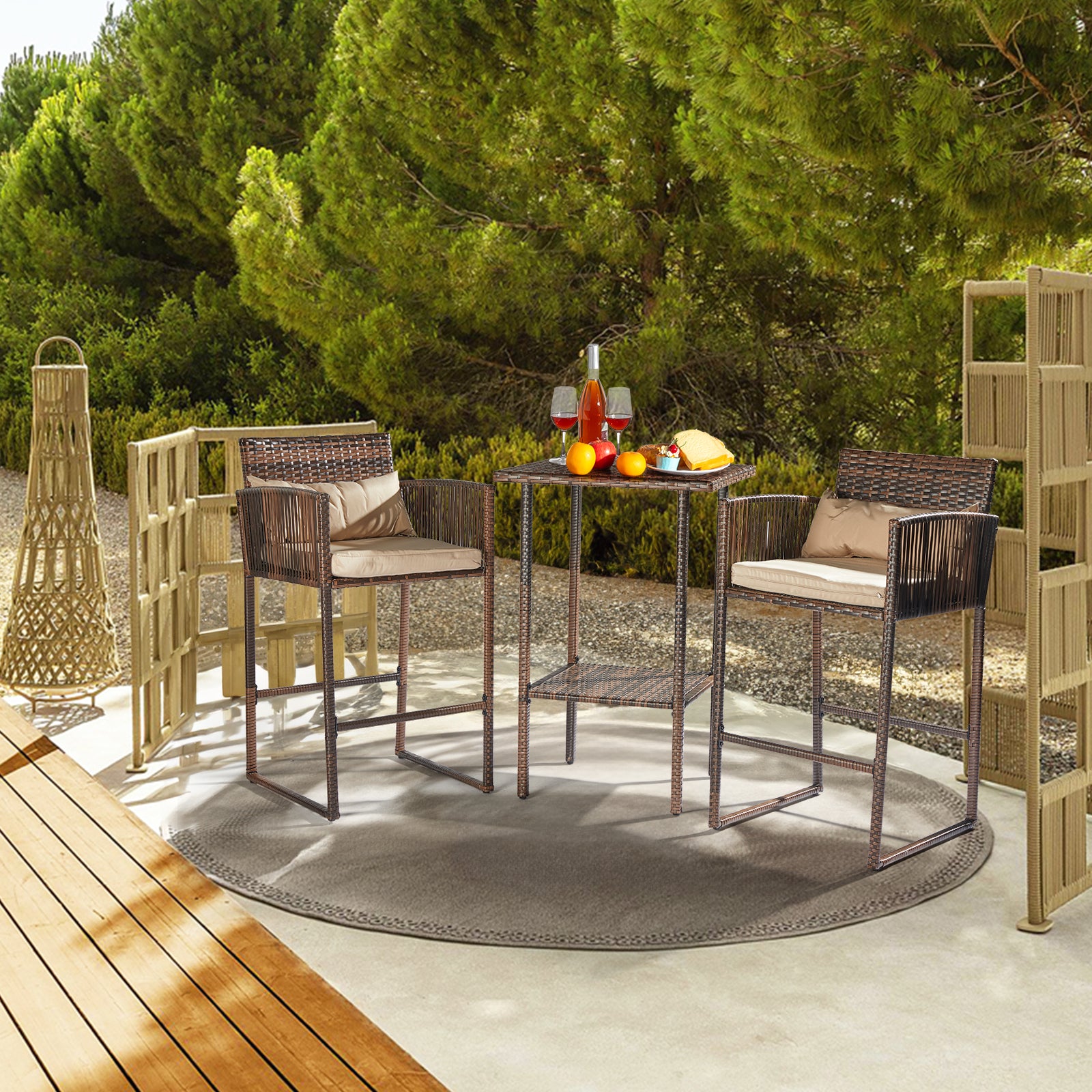 HAOYYE Outdoor 3 Piece Patio Bar Set with Bar Height Bistro Table and 2 High Top Wicker Bar Stools Brown Gradient Rattan Furniture with Beige Cushions and Back Pillows for Deck Balcony Garden