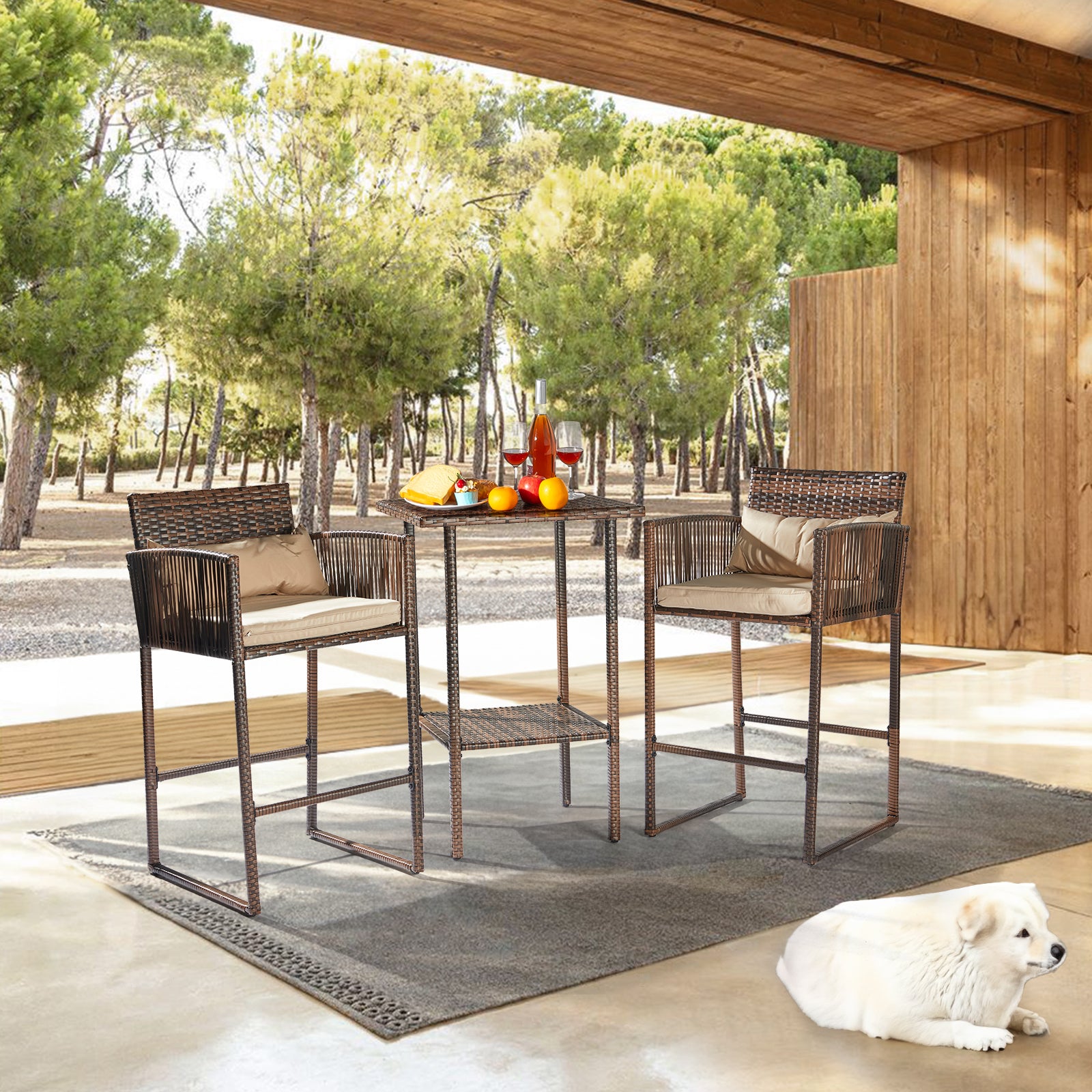 HAOYYE Outdoor 3 Piece Patio Bar Set with Bar Height Bistro Table and 2 High Top Wicker Bar Stools Brown Gradient Rattan Furniture with Beige Cushions and Back Pillows for Deck Balcony Garden
