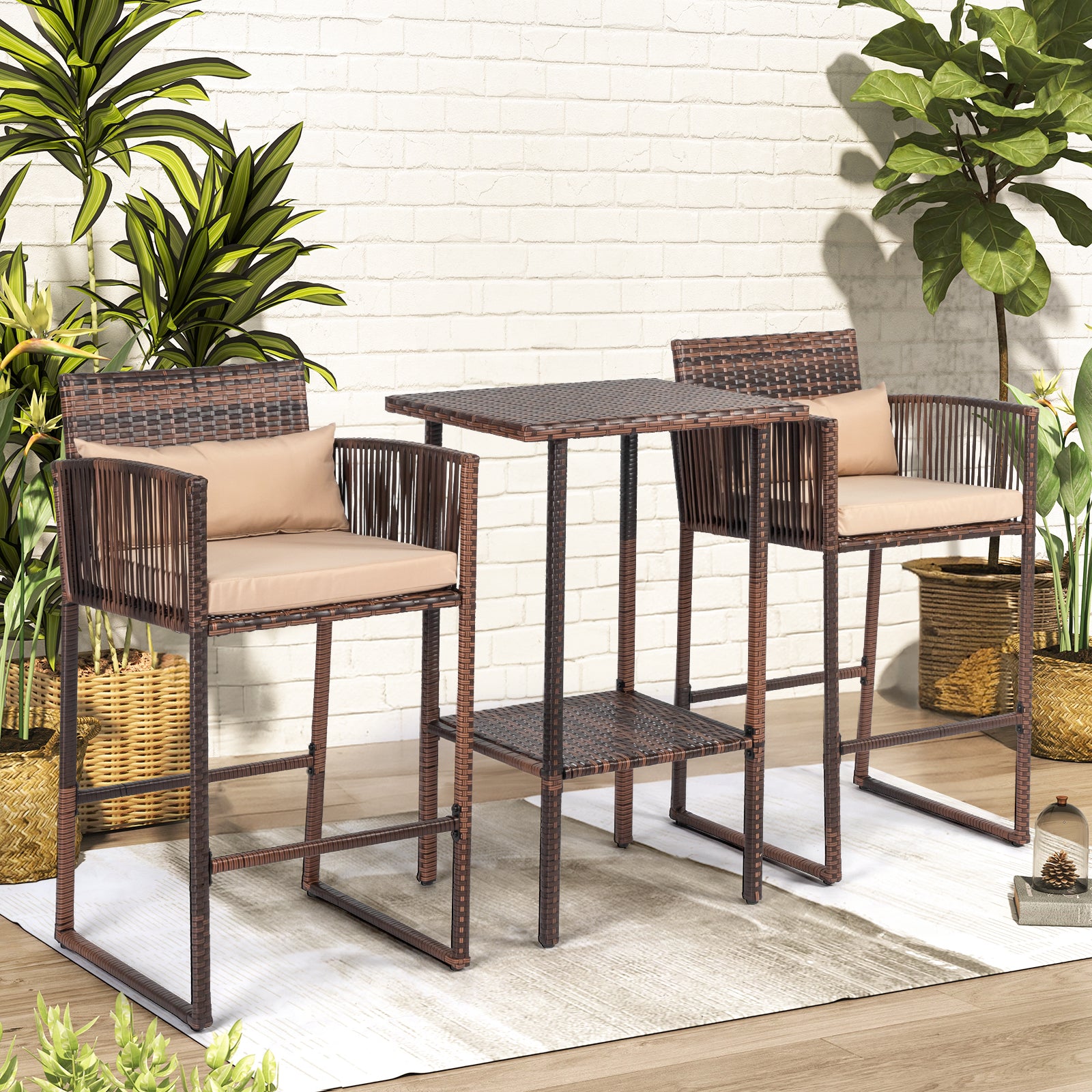 HAOYYE Outdoor 3 Piece Patio Bar Set with Bar Height Bistro Table and 2 High Top Wicker Bar Stools Brown Gradient Rattan Furniture with Beige Cushions and Back Pillows for Deck Balcony Garden