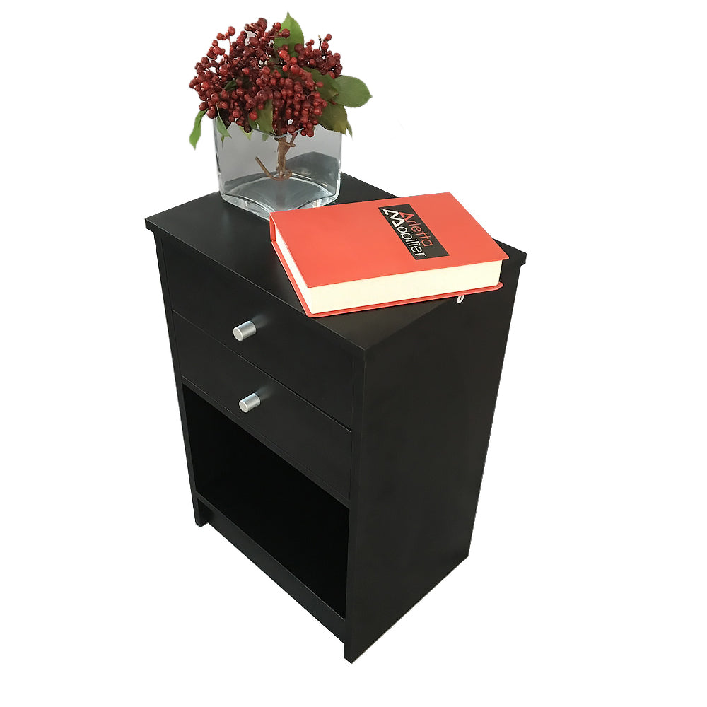 HAOYYE Black Nightstand With Round Handles And Two Drawers, Sturdy Durable Design, Modern Space-Saving Storage Organizer, Stylish Home Organizer For Living Room Or Bedroom, Practical Versatile Furniture Solution For Neat And Functional Spaces
