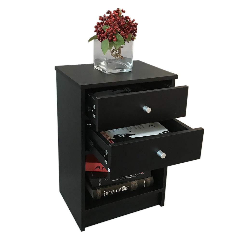 HAOYYE Black Nightstand With Round Handles And Two Drawers, Sturdy Durable Design, Modern Space-Saving Storage Organizer, Stylish Home Organizer For Living Room Or Bedroom, Practical Versatile Furniture Solution For Neat And Functional Spaces