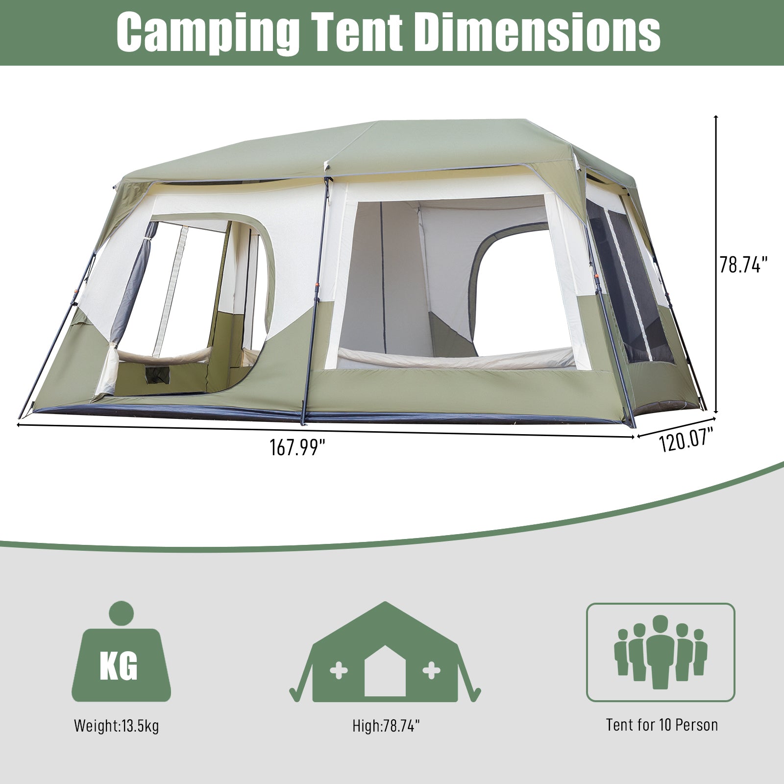 HAOYYE 10 Person Instant Camping Tent with Rainfly Windproof Waterproof PU Coated Fabric Pre-Attached Poles Mesh Windows Easy 60 Second Setup Carry Bag for Family Hiking Outdoor Adventure